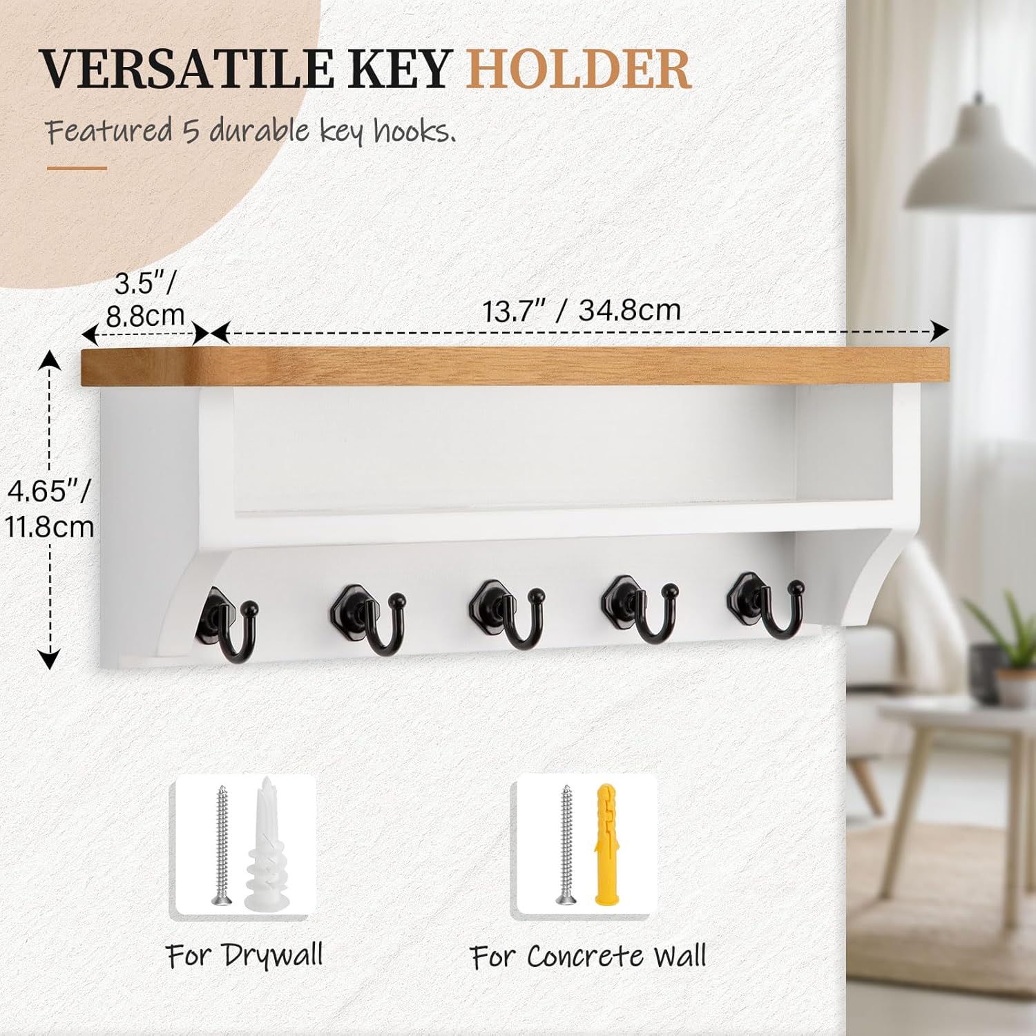 Nekon Key Holder Wall Mount, Wall Organizer Shelf with 5 Key Hooks, Room Decor for Home and Apartment Essentials, Wood and White
