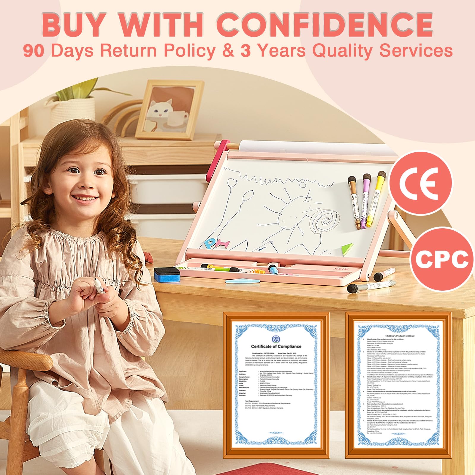 FUNLIO 3-in-1 Holz-Tischstaffelei für Kinder ab 3 Jahren (100+ Zubehör), Doppelseitige Magnet-Kindertafel, 3 Verstellbare Winkel, Mit Tafel, Whiteboard & Papierrolle, Faltbar - Rosa