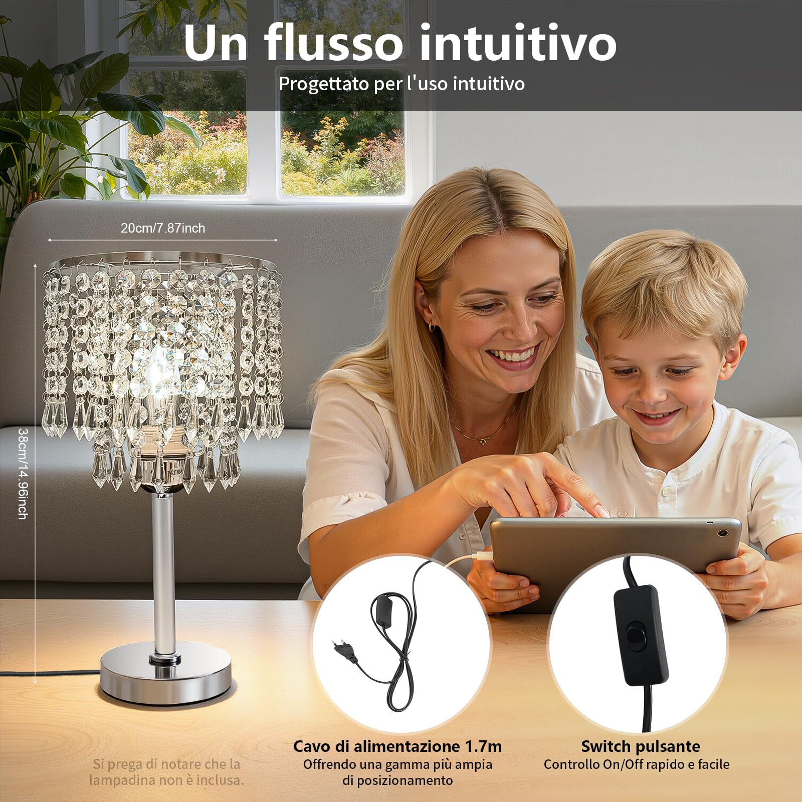 Lampada da comodino in cristallo - Lampada da tavolo in cristallo - Paralume con lampada da comodino rotonda E27 - Per camera da letto, soggiorno, cameretta da bambina - Bianco