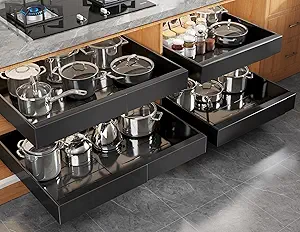 4 Pack Expandable Pull Out Cabinet Organizer 21"Deep With Raising Pad for Framed Cabinets,Upgrade 3 Slide Rails Slide Out Drawers,No Drill Roll Out Shelves,Adjustable Width 15.1"-26.3" Black