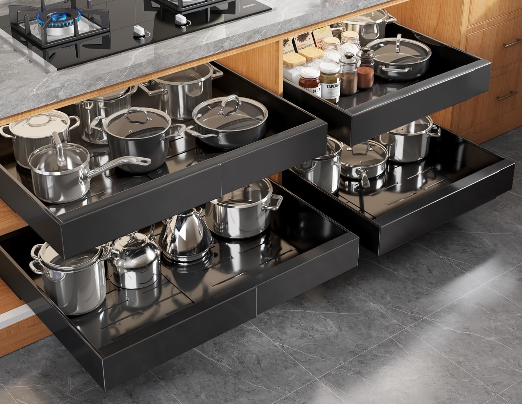 Seinloes 4 Pack Expandable Pull Out Cabinet Organizer 21"Deep With Raising Pad for Framed Cabinets,Upgrade 3 Slide Rails Slide Out Drawers,No Drill