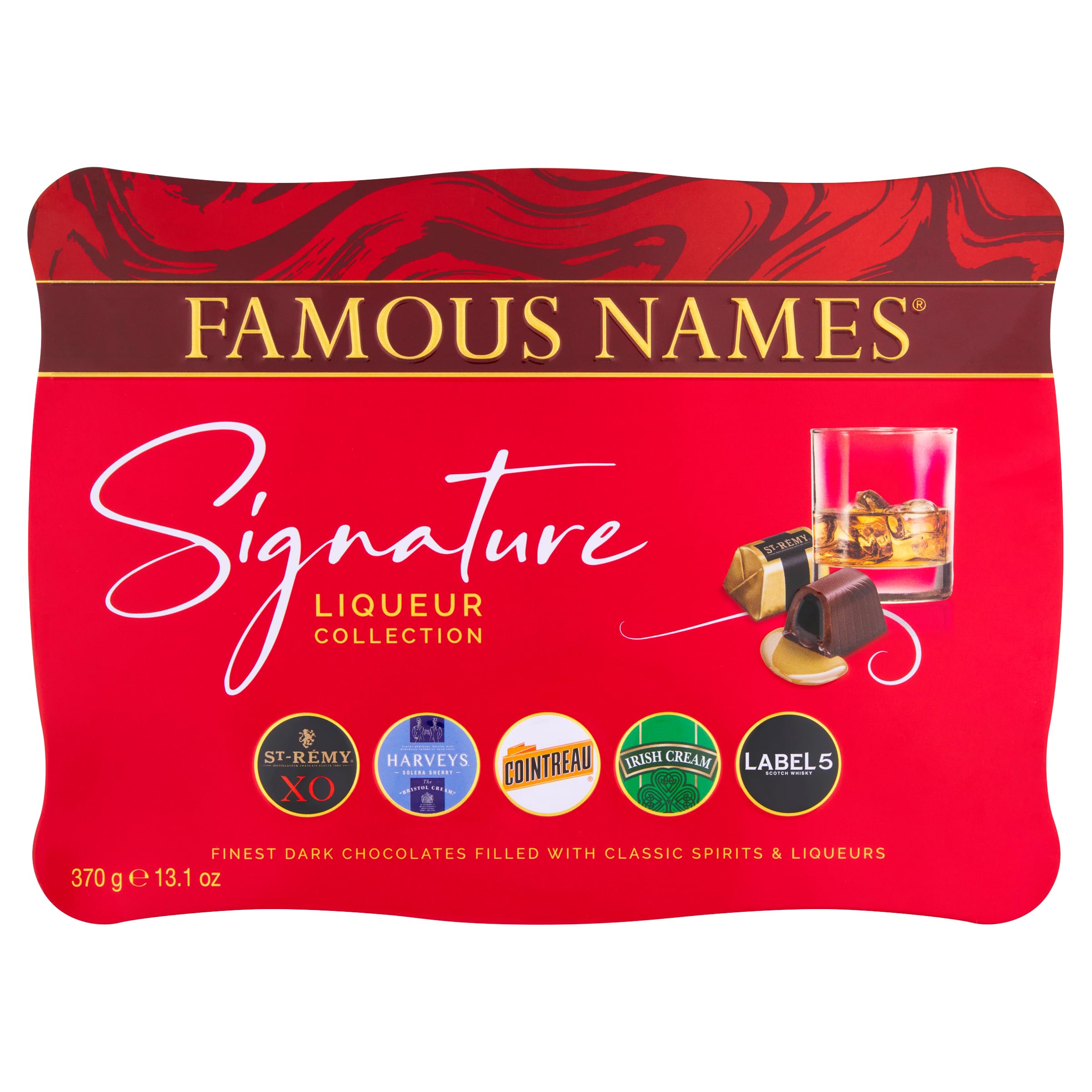 Famous Names Signature Collection Gift Tin 370g - Rich Dark Chocolate filled with famous liqueurs and Spirits - Indulgent Gift, Present, Gifting Tin, Thank you, Christmas