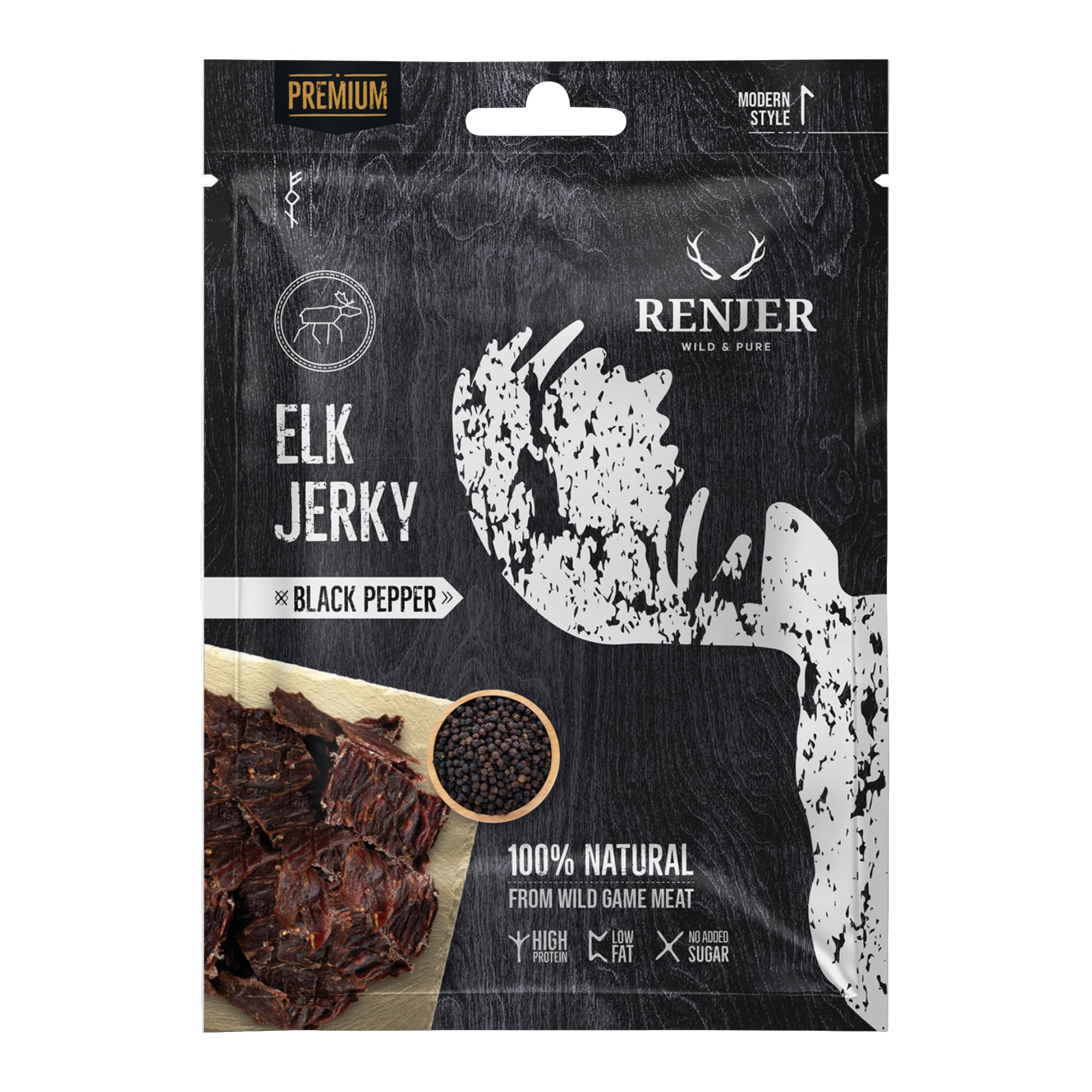 Renjer Elk Jerky with Black Pepper - Pack de 15 unidades (15 x 25 g) - Auténtica experiencia de sabor nórdico, carne de caza, calidad gourmet, aperitivo perfecto para viajes