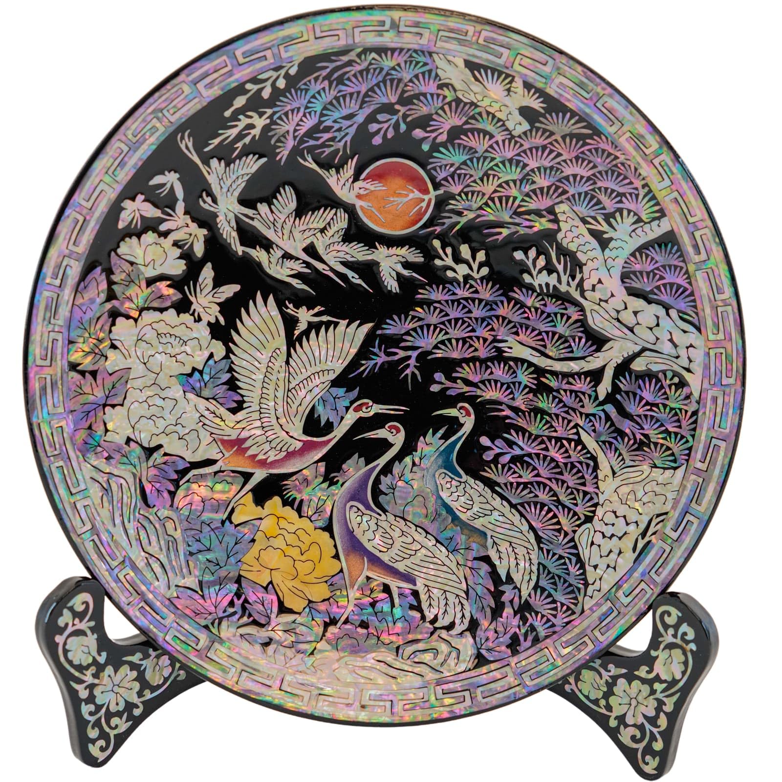 February Mountain Traditional Mother-of-Pearl Decorative Plate with Crane and Pine Design Including Display Stand