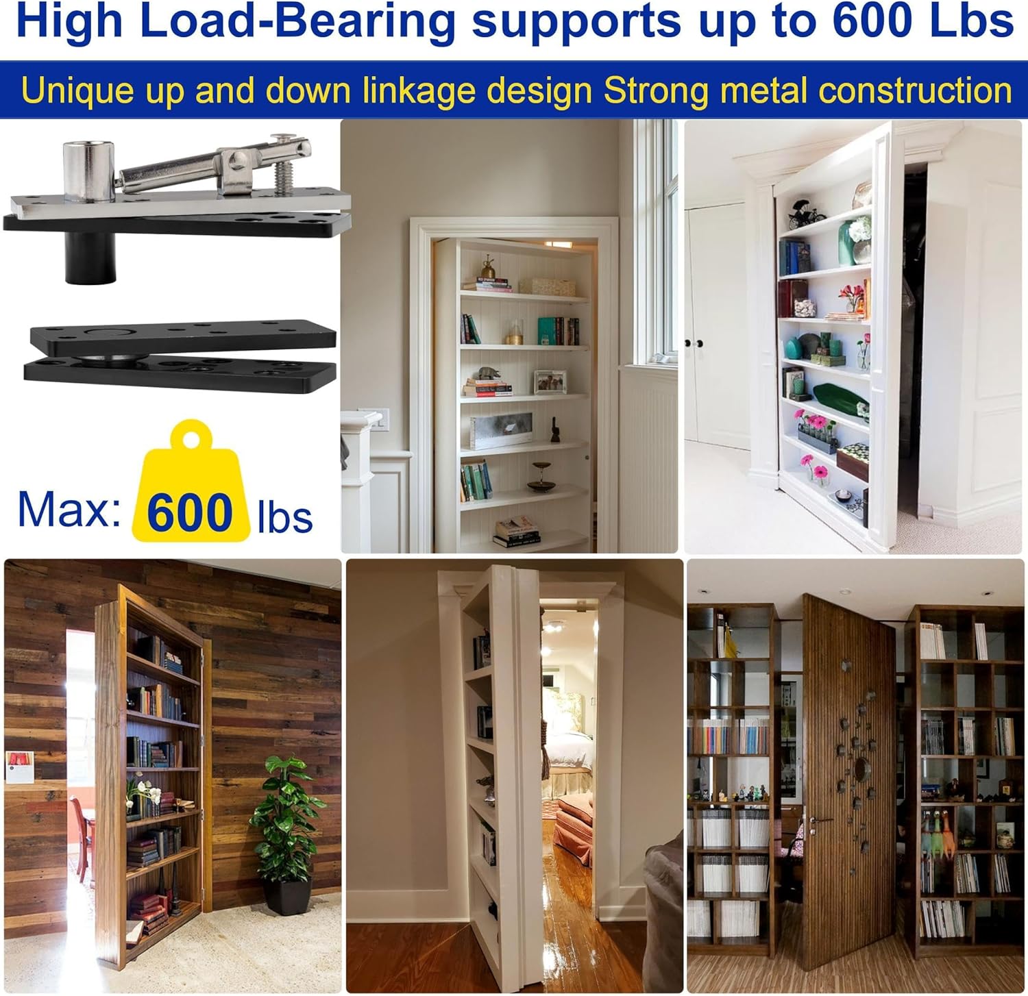 Hidden Pivot Hinge,600Lbs Load-Bearing Thickened Solid Steel - Heavy Duty 360° Swinging Murphy Door kit for Secret Doors, Bookcase, Murphy & Shelf Doors