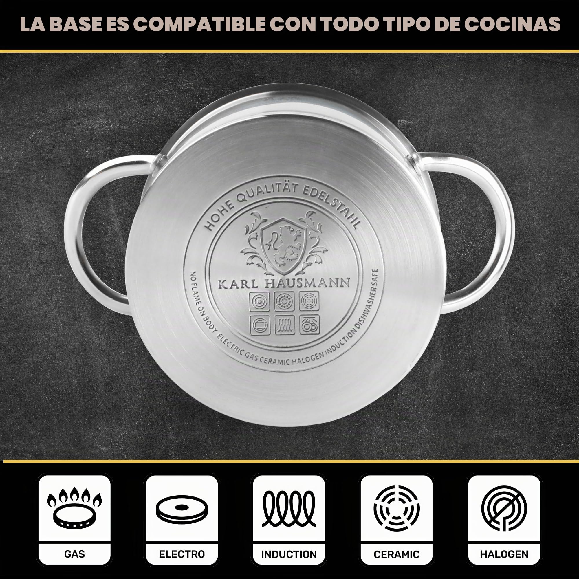 KARL HAUSMANN Juego de Ollas Acero Inoxidable - 4 Piezas - Bateria de Cocina de Acero Inoxidable con Tapas de Vidrio - Apta para induccion, Gas y Vitrocerámica - Set Ollas