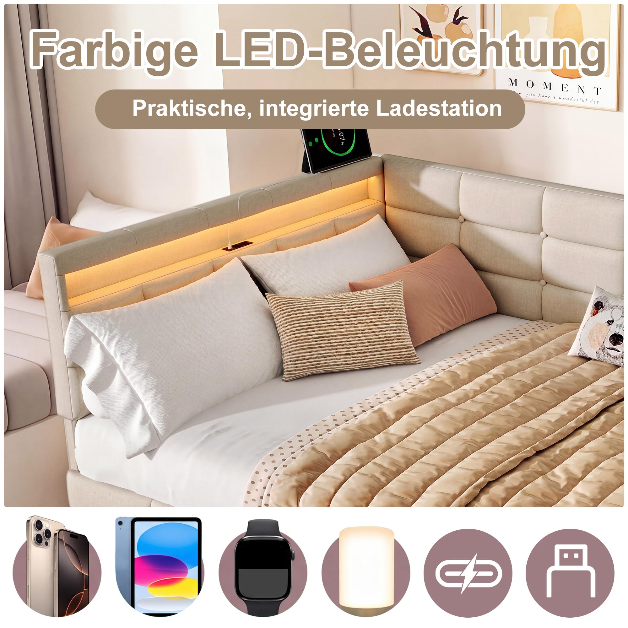 Divano Letto in Lino 140x190cm, Fresco Naturale,con 2 cassetti | Lino anticaldo, cassetti ruote, rete a doghe, presa UE+LED, beige,per adulti/ragazzi in camera/soggiorno. (Nessun materasso)