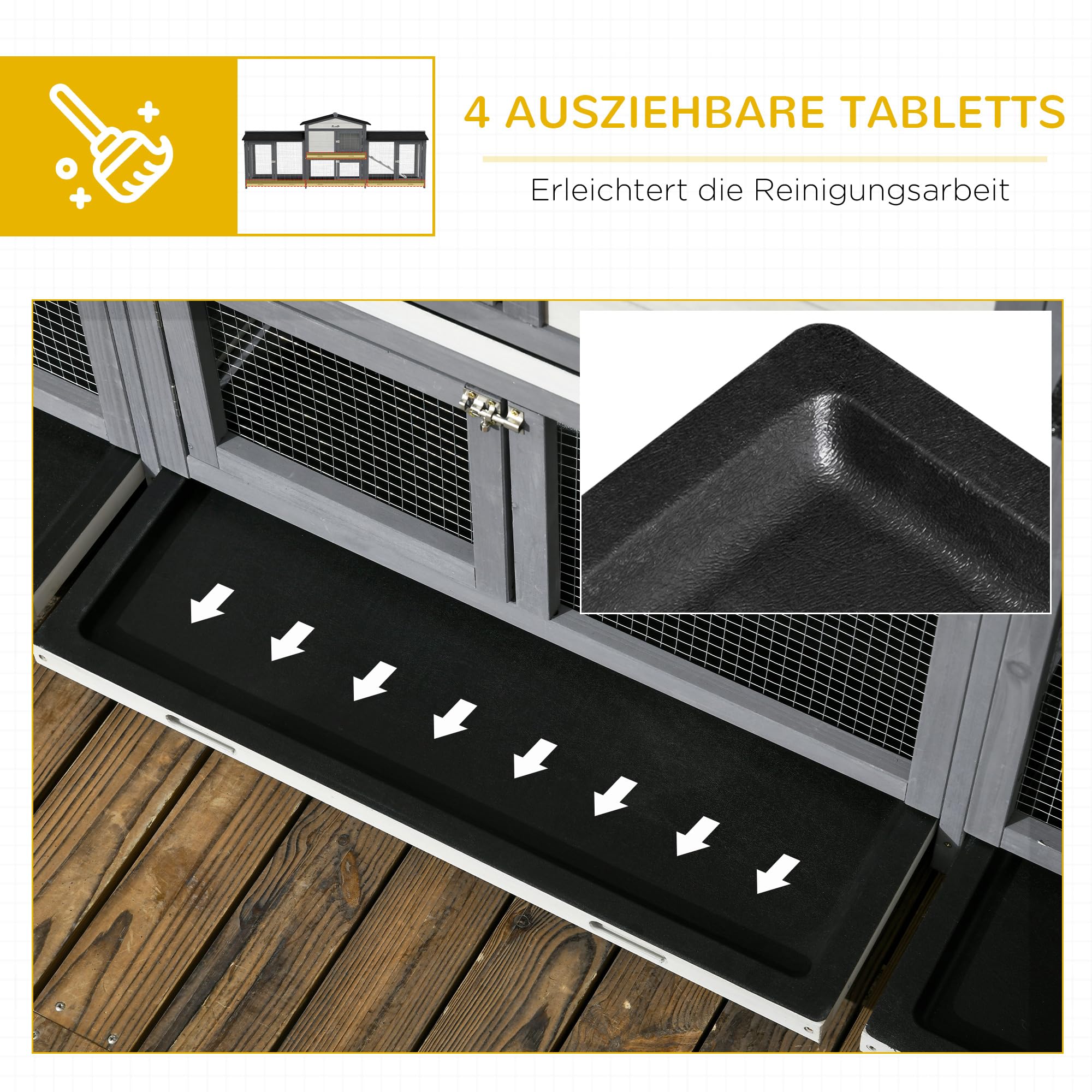 PawHut Hasenstall 2 Etagen Kaninchenstall aus Holz 230 x 53 x 93,5 cm Kaninchenkäfig mit Rampe, Freilaufgehege, Mehreren ausziehbaren Bodenwannen, Bitumendach, Tür, Hasenkäfig für draußen Hellgrau