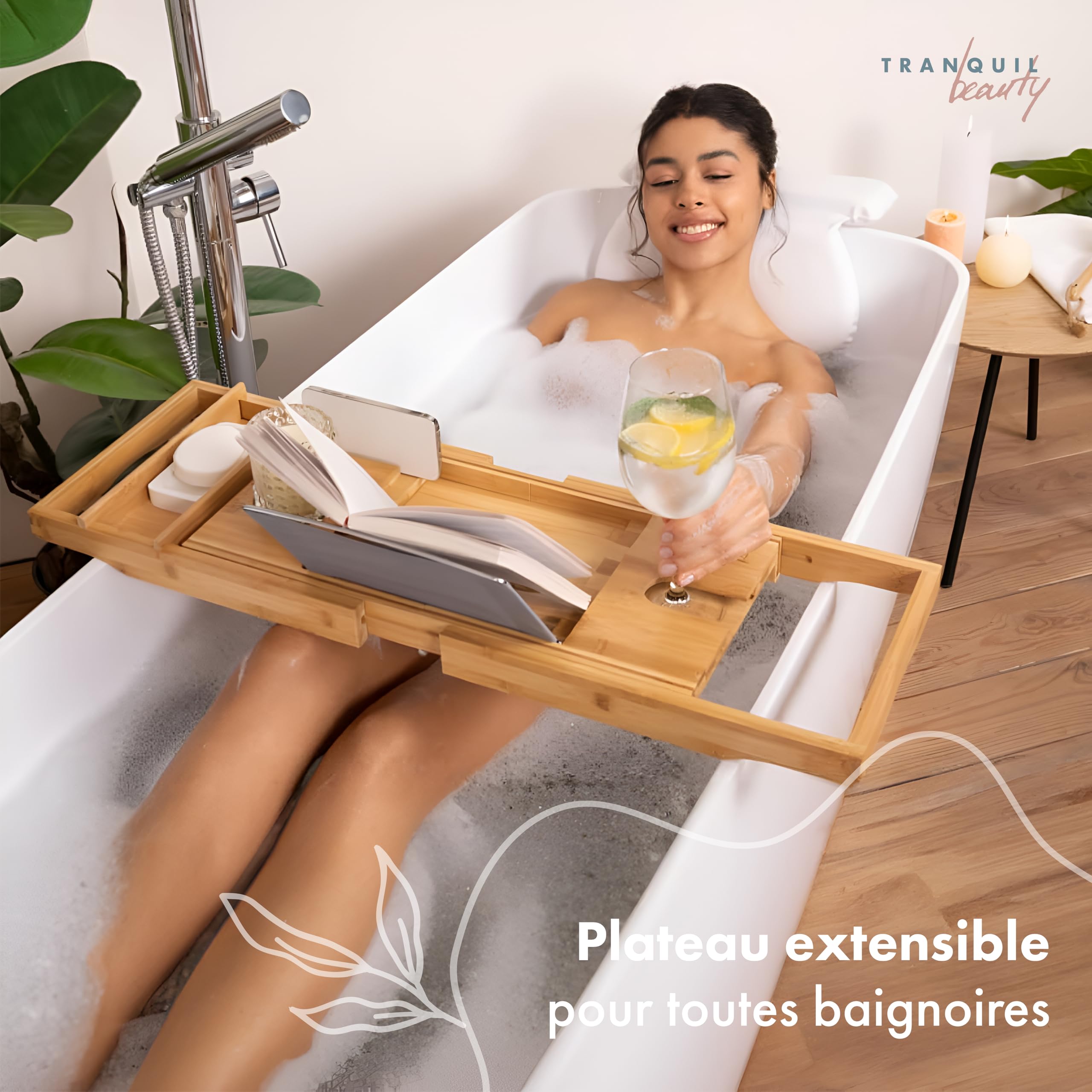 TranquilBeauty Panier de Bain Extensible | Plateau de Bain réglable avec Porte-vin en Bambou Naturel Durable | Planche de Bain en Bois de Luxe avec Support pour iPad, Tablette et téléphone