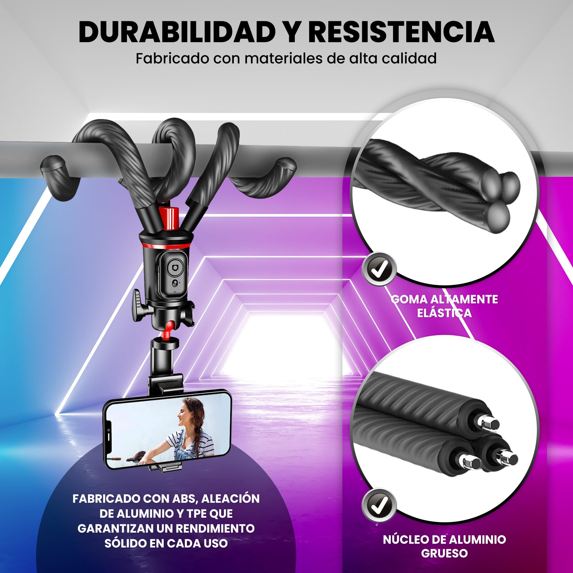 KHROMAX Treppiede flessibile 3-in-1 con Selfie Stick estensibile 64 cm + controllo Bluetooth, compatibile Phone/Android