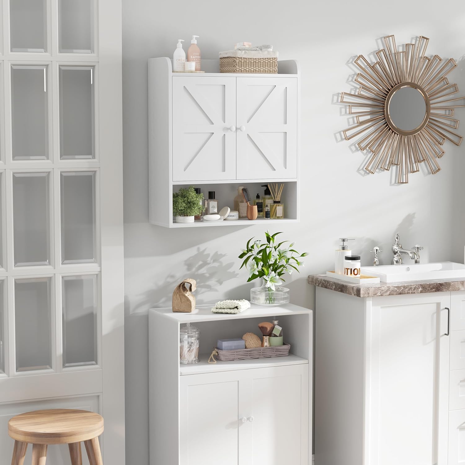 EasyCom 22" W x 26" H Bathroom Wall Cabinet, Farmhouse Medicine Cabinet with Adjustable Shelves and 2 Barn Doors, Over The Toilet Storage Cabinet for Bathroom,Kitchen,Living Room,White