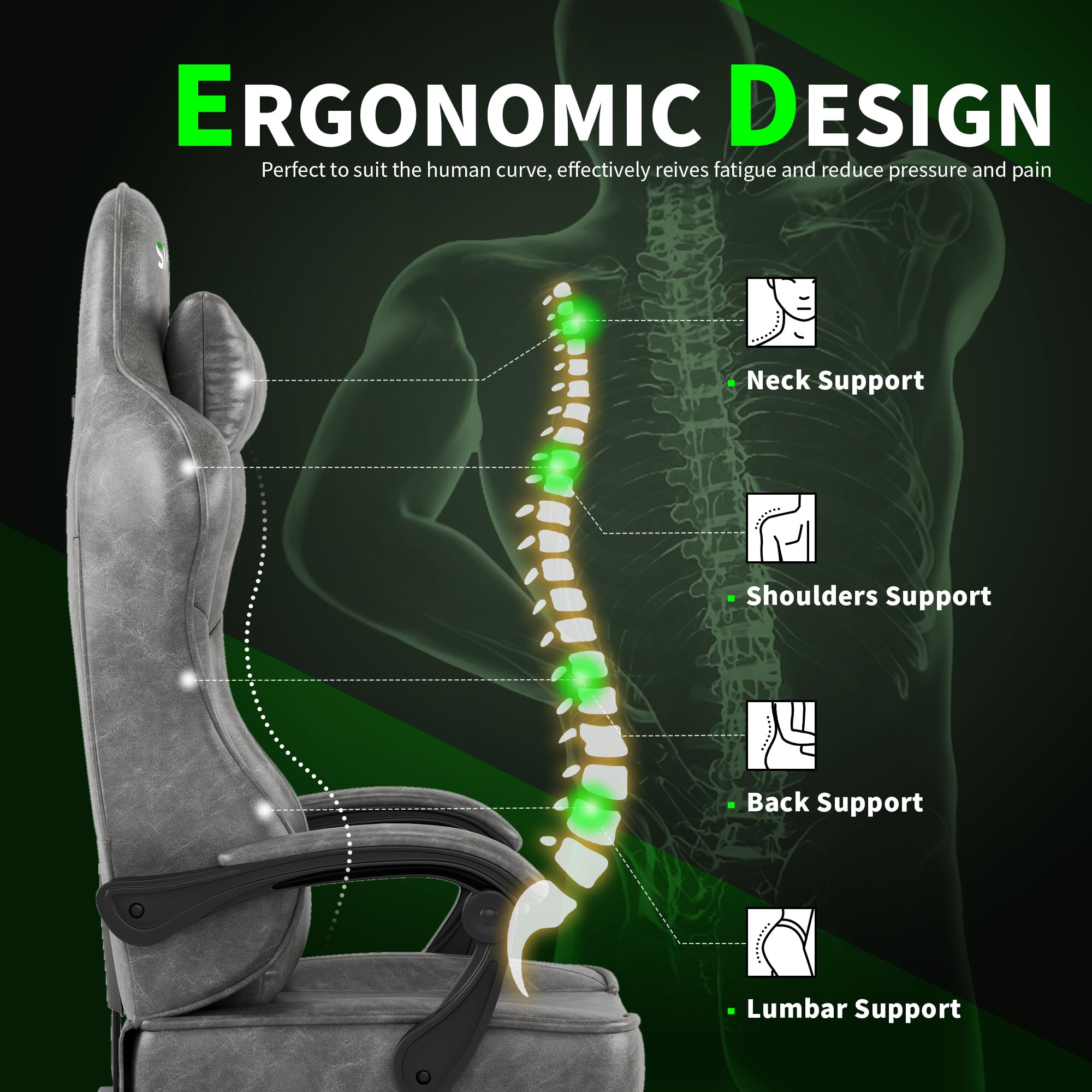 Sedie Gaming, Sedia da Ufficio Ergonomica, Poltrona Altezza Regolabile, Sedia da gioco con poggiatesta e supporto lombare sedia per PC, con poggiapiedi, in pelle PU, girevole a 360 gradi-Gray