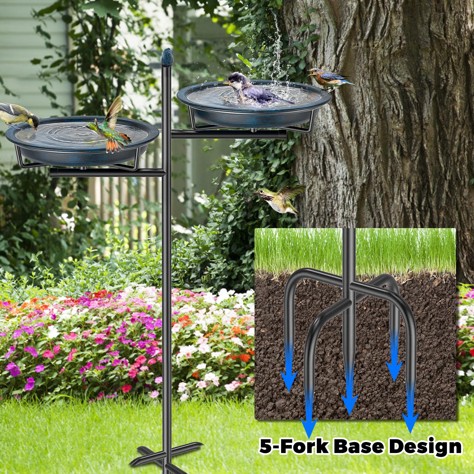 Bain d'oiseaux - Bain d'oiseaux debout 2 en 1 - Pour l'extérieur - Avec double bassin pour l'eau et la nourriture - En métal - Pour décoration de jardin (bleu vieilli)
