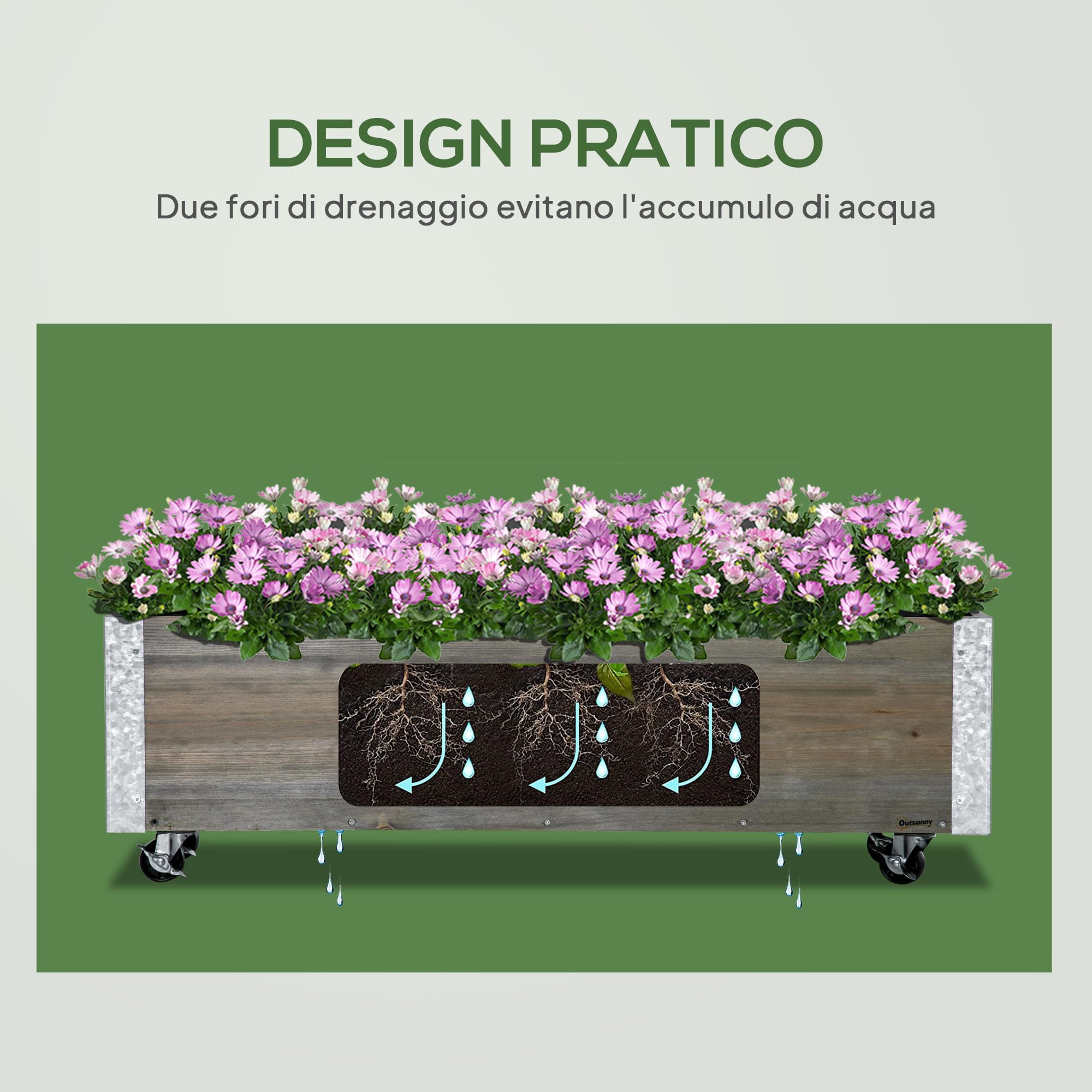 Outsunny Letto per Orto Rialzato da Esterno 96x30.6x30 cm Grigio Chiaro | Ruote a Freno, Strato in Tessuto non Tessuto, Fioriera da Esterno Rettangolare in Abete, Fori di Drenaggio