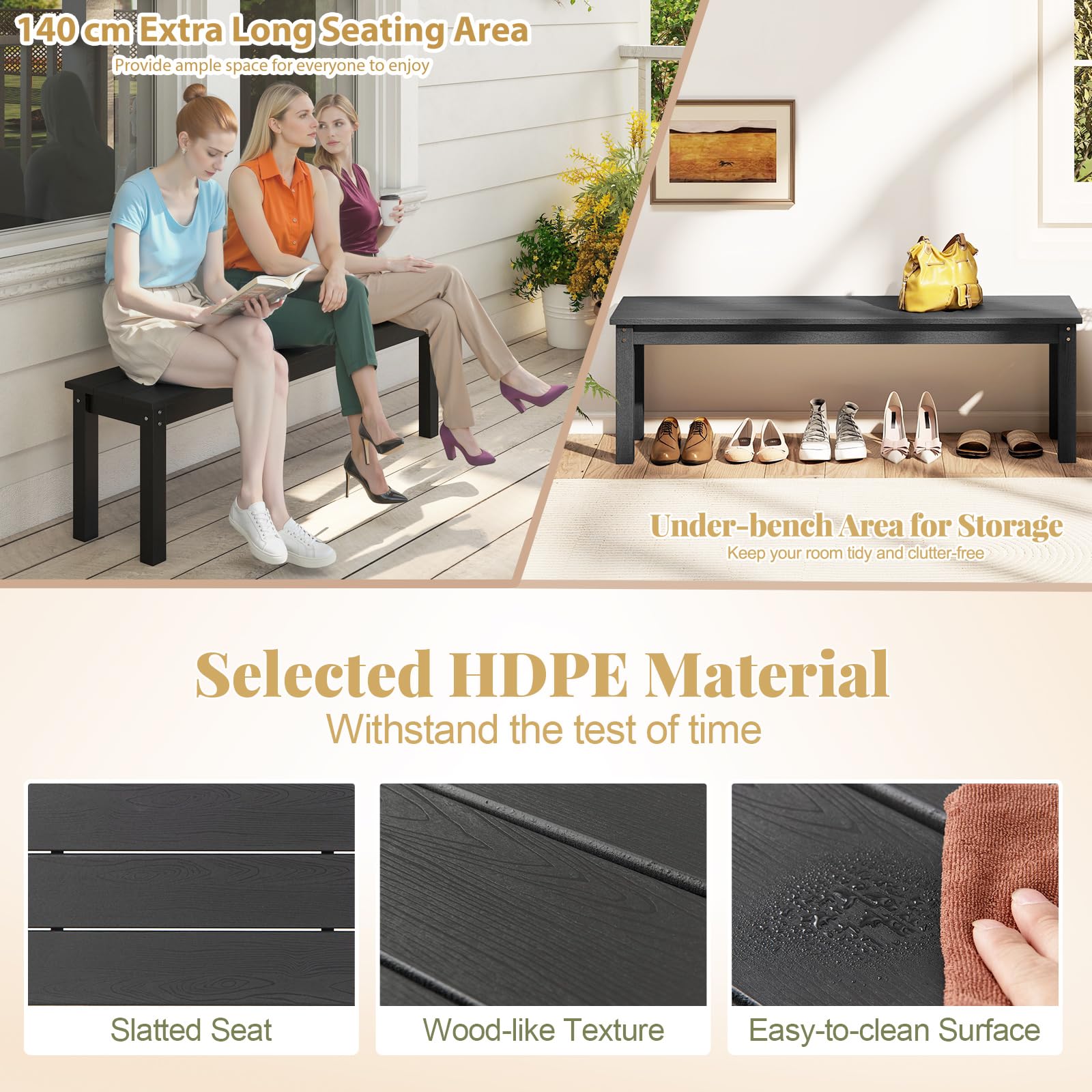 KOMFOTTEU Banc de Jardin en HDPE, Banc de Parc pour 2-3 Personnes, Charge de 340 kg, Bancs d'Extérieur, Conception en Lamelles, 140 x 35 x 45 cm, Surface Effet Bois, pour Terrasse, Cour (Noir)