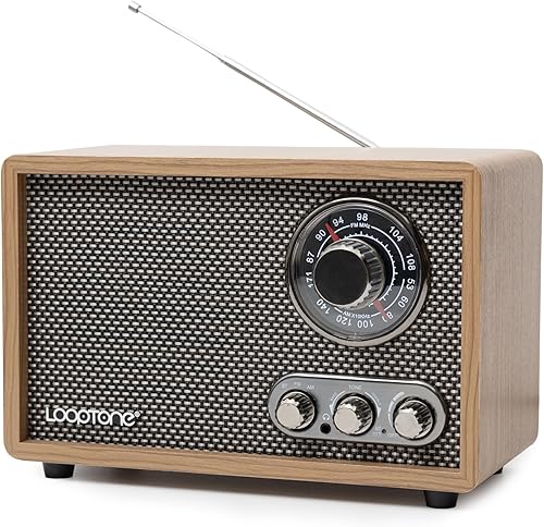 LoopTone Radio AM FM para el hogar, radio de madera retro Bluetooth con entrada AUX, conector para auriculares, radio de mesa vintage con control de