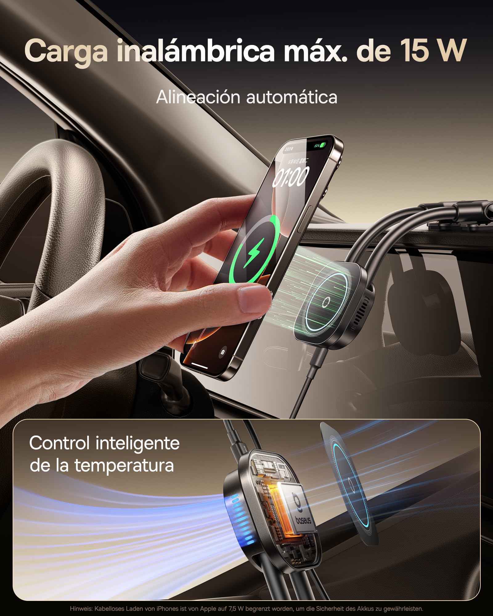 Baseus 15W C03s Pro Cargador Inalambrico Coche con MagSafe, Carga Rápida Soporte Teléfono Coche Magnético, Soporte Móvil Coche Universal, Compatible con iPhone, Samsung, Smartphone