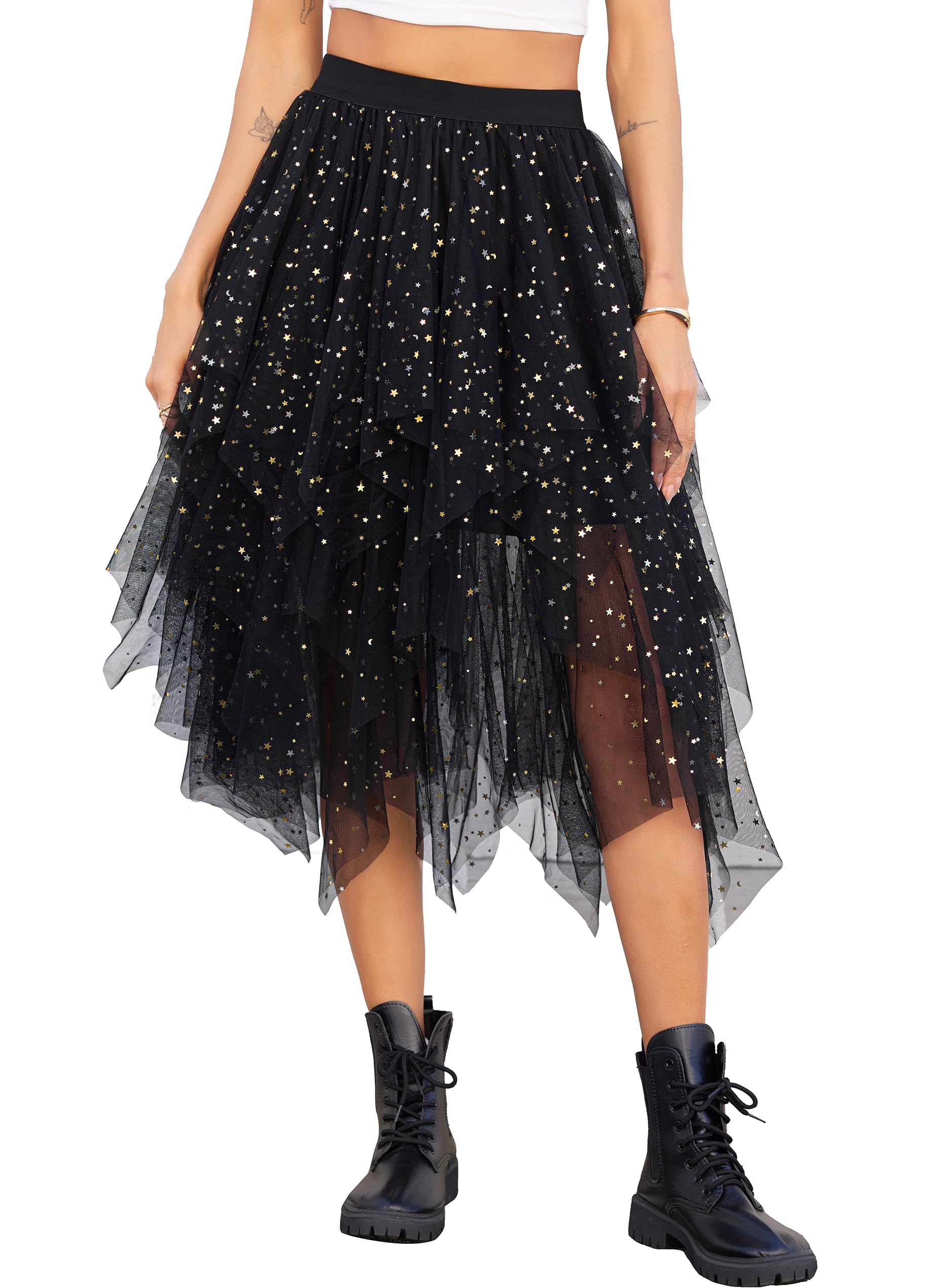 Lovasy Pailletten Rock Damen Tüllrock Schwarz Knielang High Low Layered Faltenrock Midi Rock A-Linie Unregelmäßiger Puffy Fee Tutu Röcke