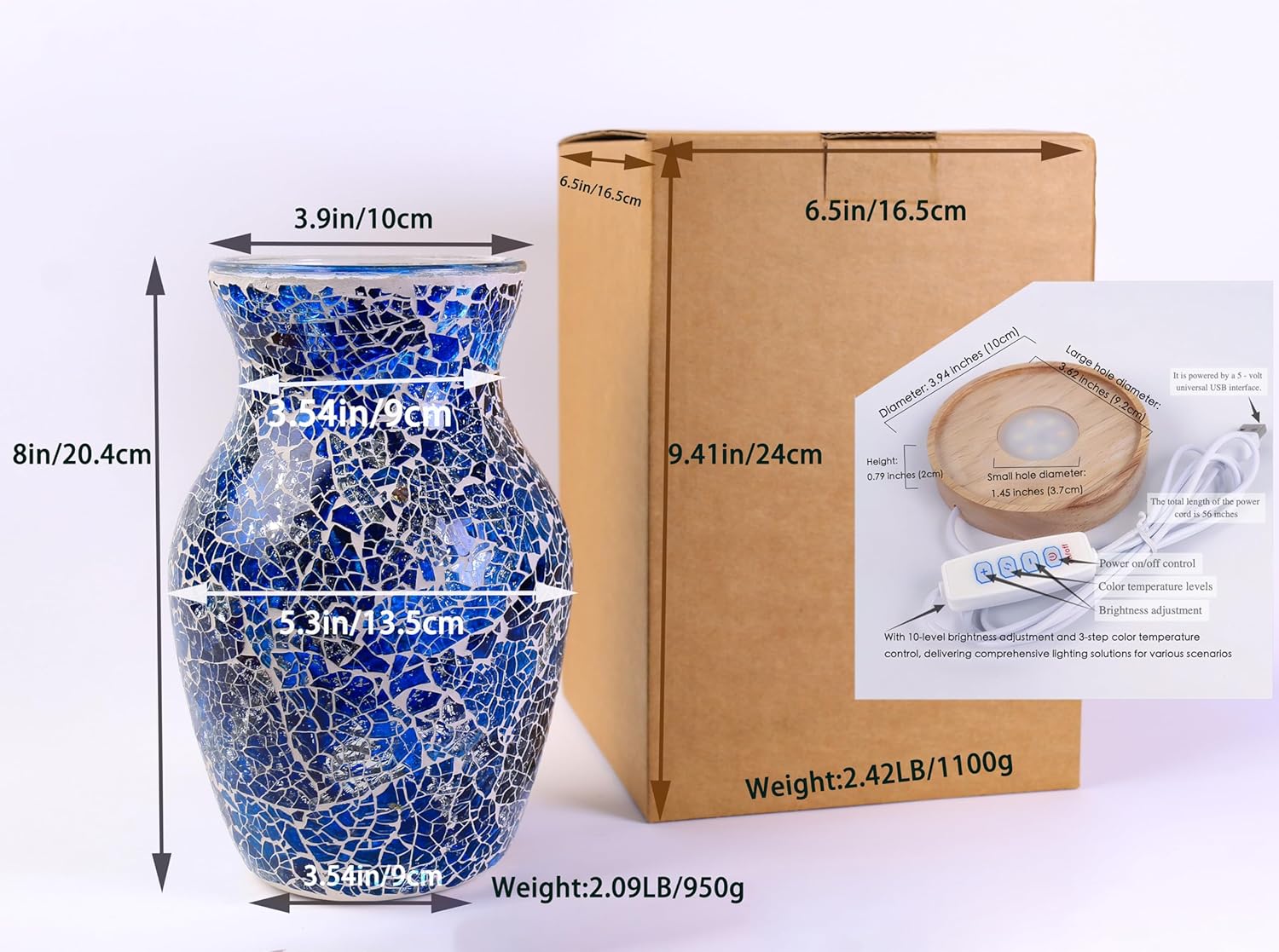 8-Inch Handcrafted Mosaic Cracked-Ice Vase Bedside Lamp with USB-Powered LED Wooden Base 10 Brightness Levels & 3 Color Temperatures,Art Decor Ocean Blue Vase Night Light for Home