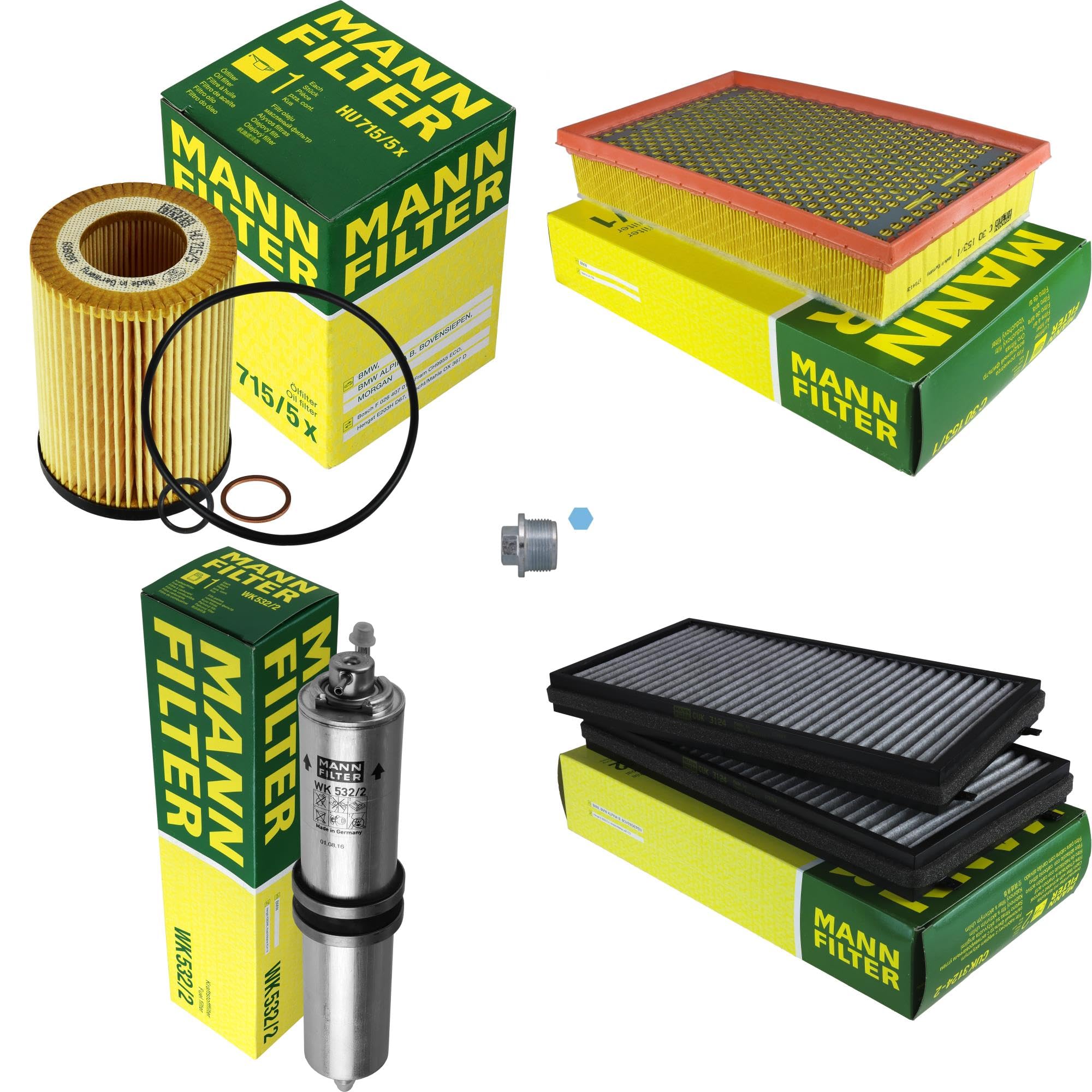 Paquete de inspección Kit de mantenimiento de filtros con filtro de aceite HU 715/5 x, filtro de aire C 30 153/1, filtro de combustible WK 532/2, filtro de habitáculo CUK 3124-2, tornillo de