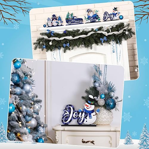 Miniatura 3 de Huwena 5 Pcs Blue Christmas Table Decor Signs Christmas Table Centerpieces Joy Sign Wooden Christmas Decors for Winter Tiered Tray Decor Snow Happy