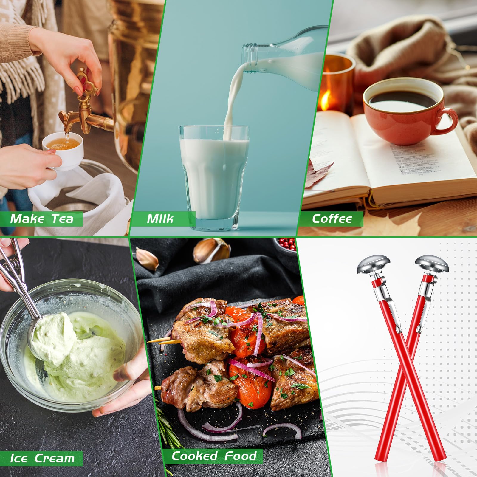 Termómetro de cocina de acero inoxidable de 12 piezas con tallo rojo de 5 pulgadas de largo, termómetro de esfera de 1 pulgada, termómetro de alimentos para sonda de horno, carne, espuma, parrilla,