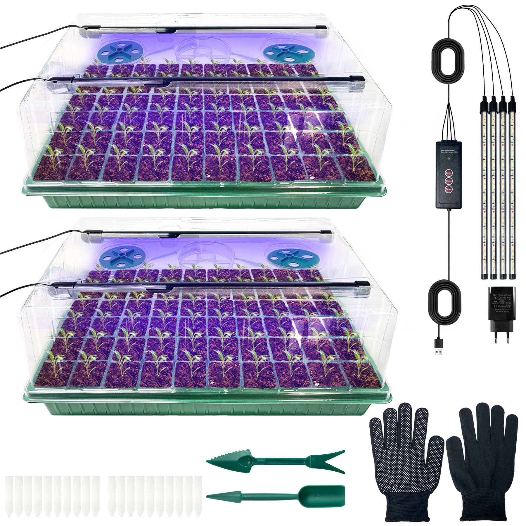 VEEKAY Serre pour Plantes kit,2 Pièces 120Cells Plateau de Semis,Kit de Culture Serre avec LED luminosité réglable,Température et humidité réglables,avec étiquettes de Plantes,Outils de Jardinage