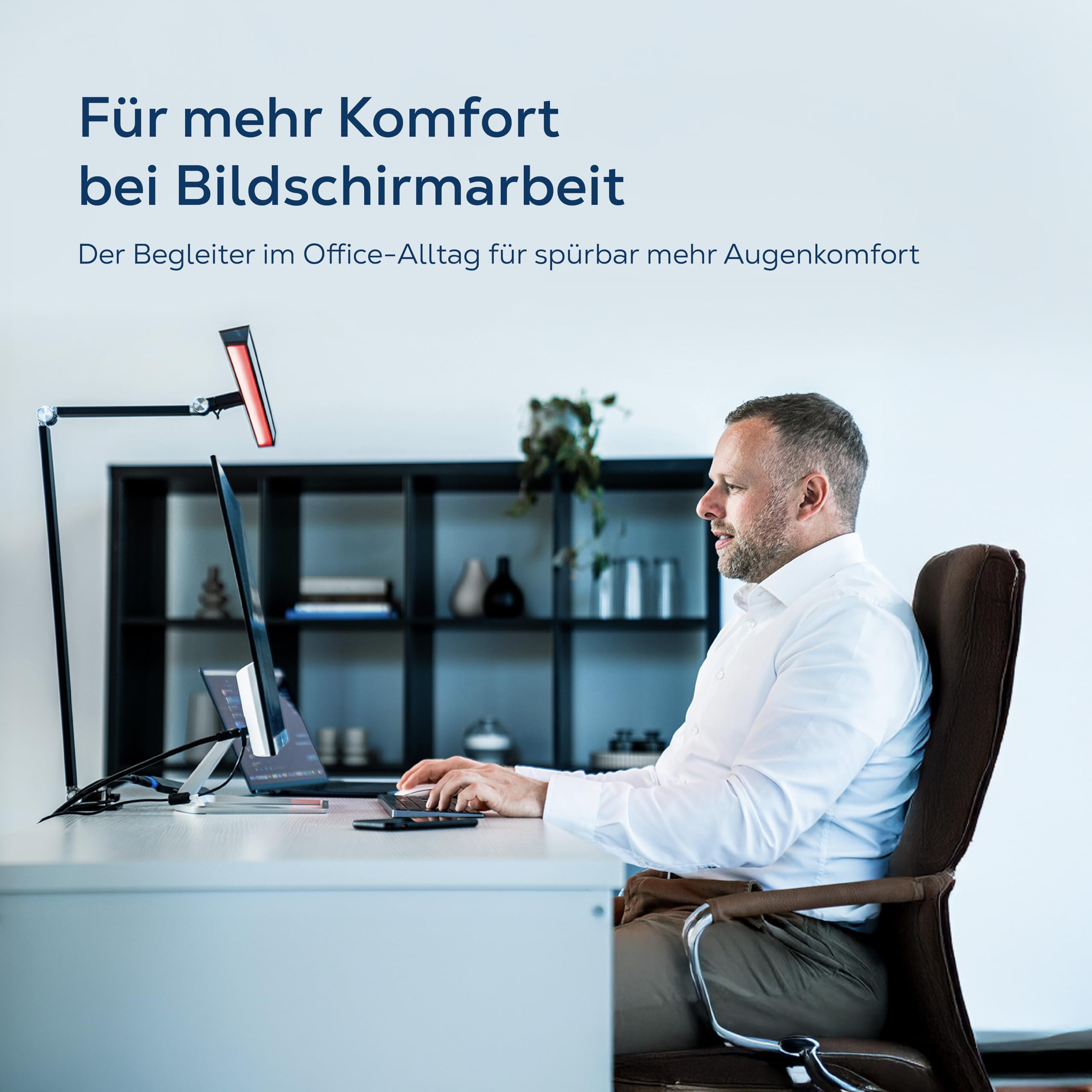 AddRed Schreibtischlampe – Augenfreundliche LED Arbeitsplatzlampe für entspanntes Arbeiten am Bildschirm – Vollspektrum Weißlicht (3000K, Ra98) & 670 nm Rotlicht