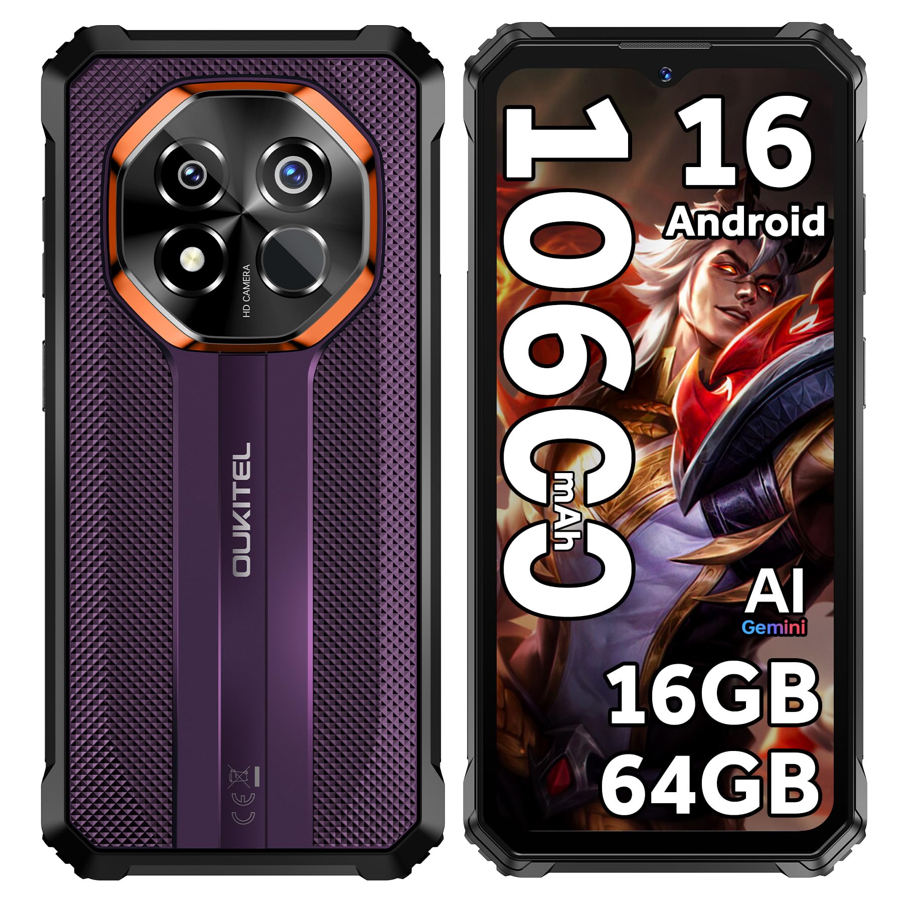 OUKITEL G7 Rugged Smartphone 2026-10600mAh Telefono Indistruttibile | 16GB+64GB/1TB Celluare Antiurto, 6.52" Rugged Phone, 16MP+8MP Cellulare Impermeabile, Android 16, Dual SIM/OTG/Face ID, Viola