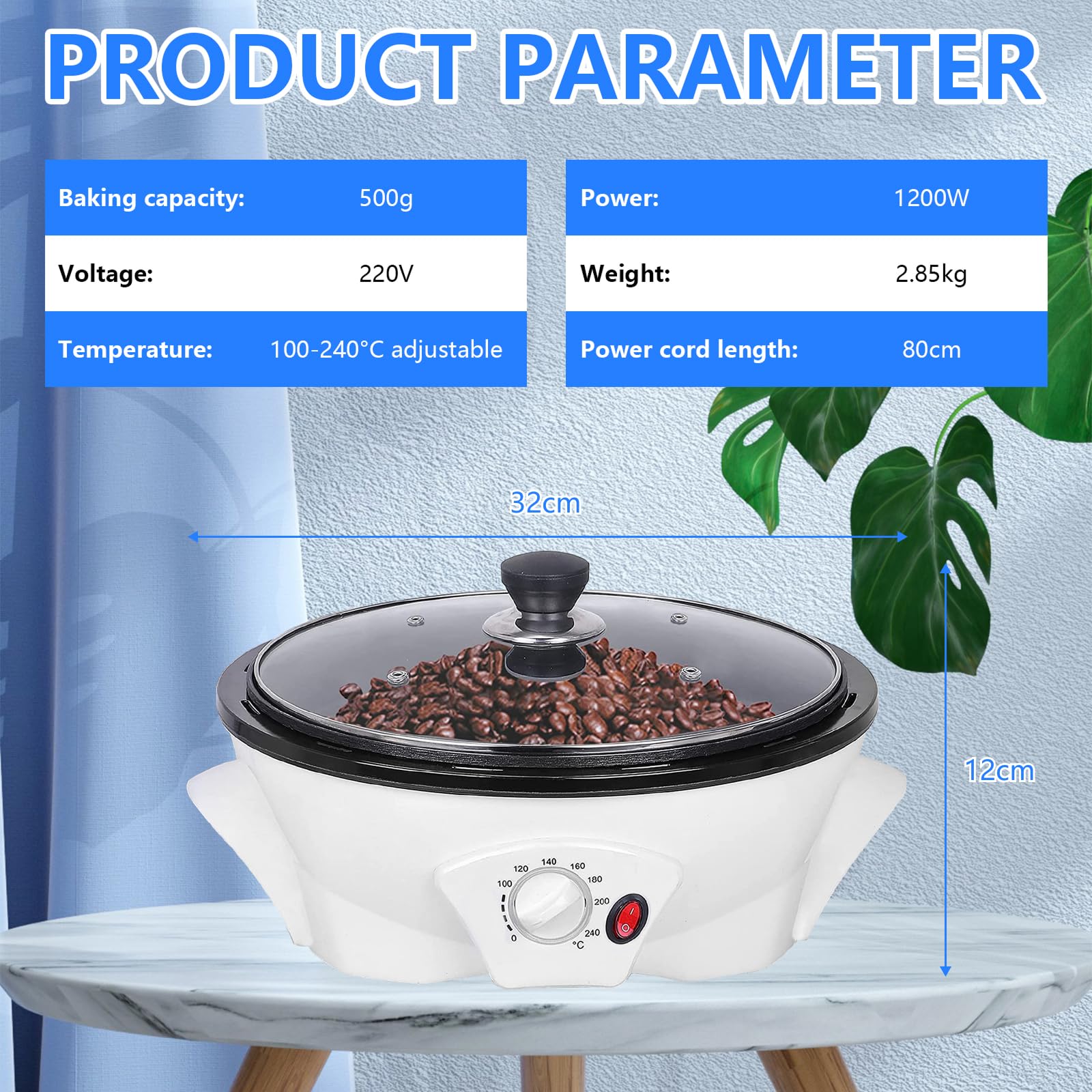 Torréfacteur De Café Électrique, 500g Machine À Torréfier Les Grains 1200W Pour La Maison Avec Minuteur Température Réglable 0-240°C Torréfaction Sans Fumée Pour Café, Noix Et Graines