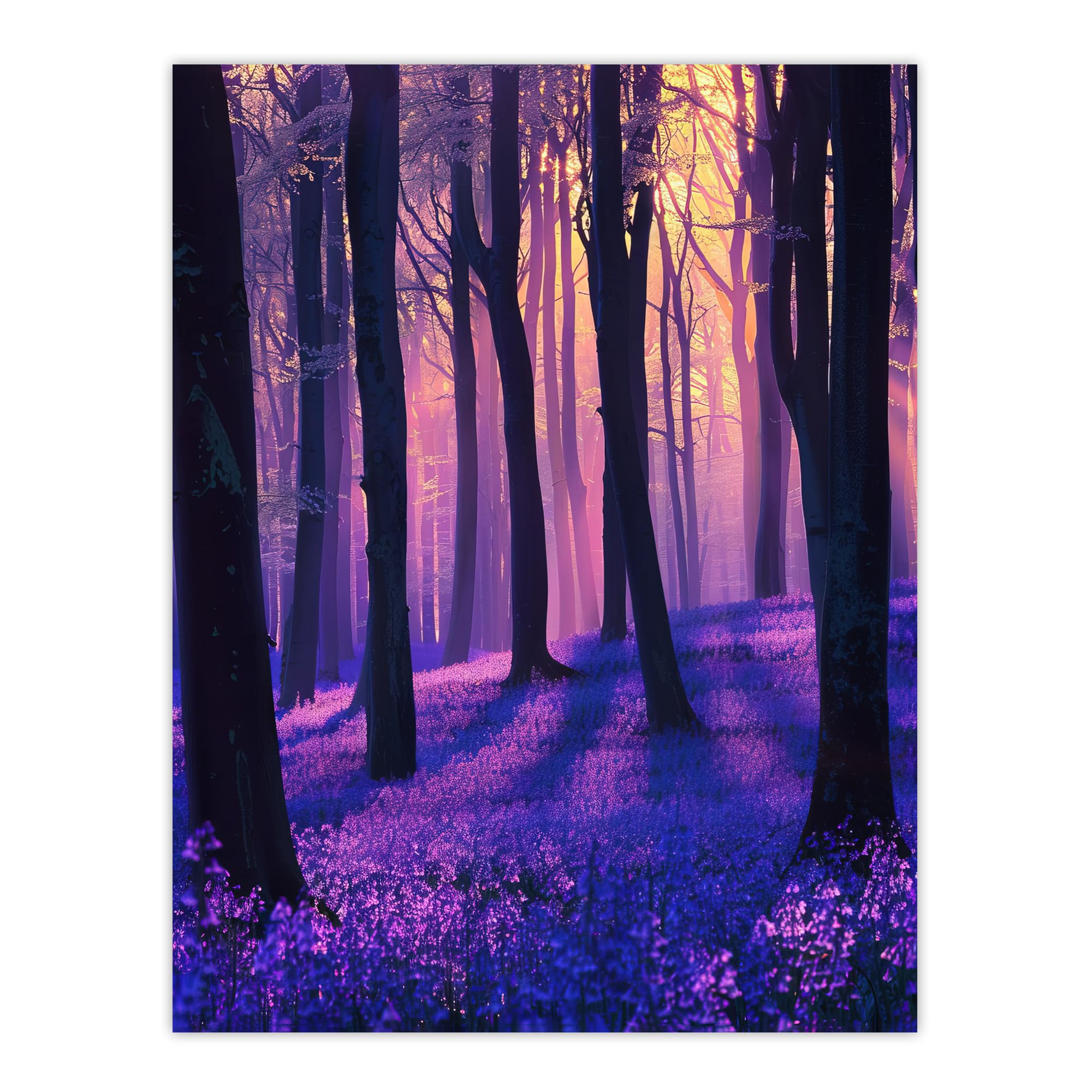 Artery8 Realistic Purple Bluebell Forest Artwork Dawn Sun Living Room Large Wall Art Poster Print Thick Paper 18X24 Inch