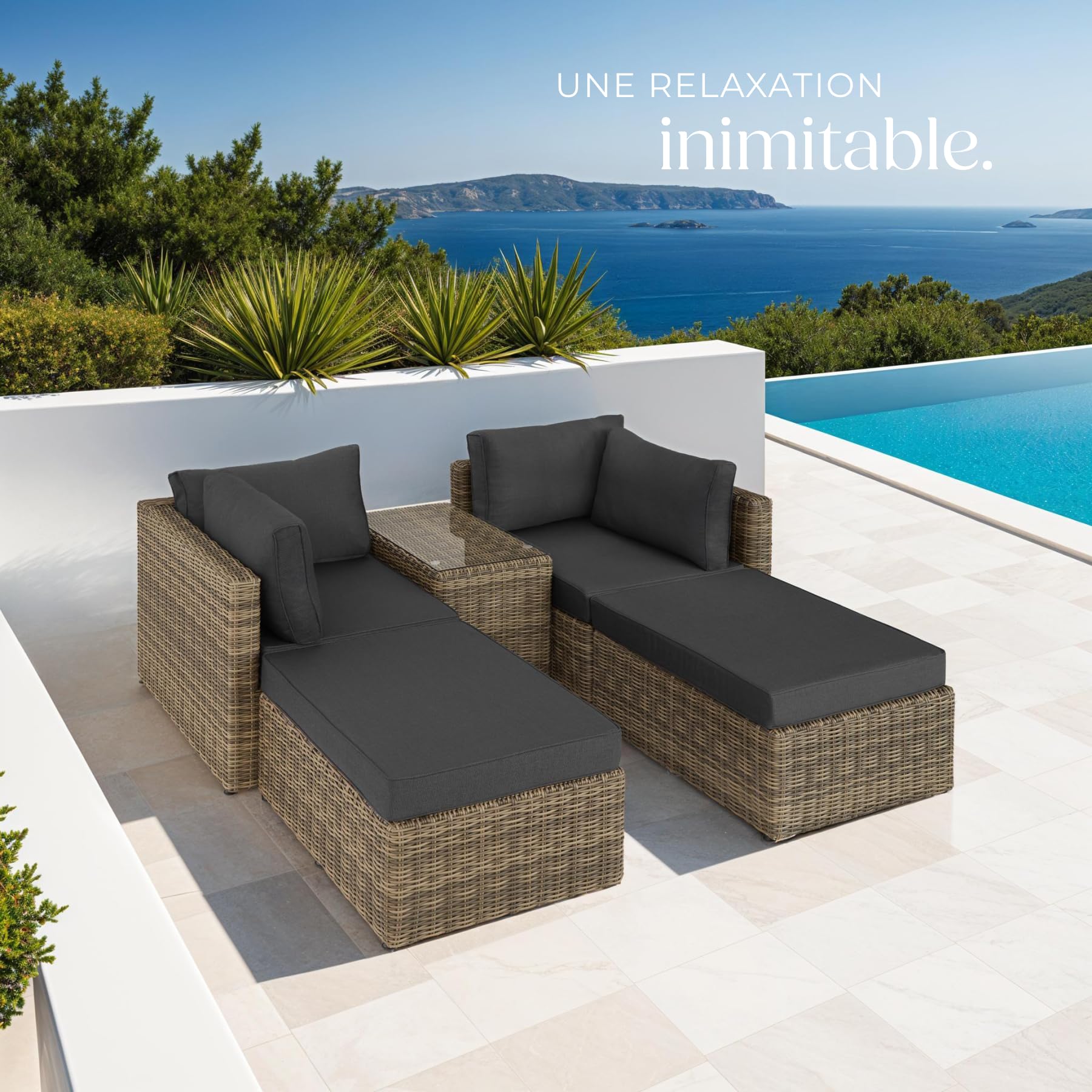 tectake® Ensemble Salon de Jardin Exterieur Modulable Canapé Bain de Soleil en Poly Rotin et Aluminium 4 Personnes, Table de Jardin en Verre Incluse, Mobilier de Jardin pour Amenagement Balcon
