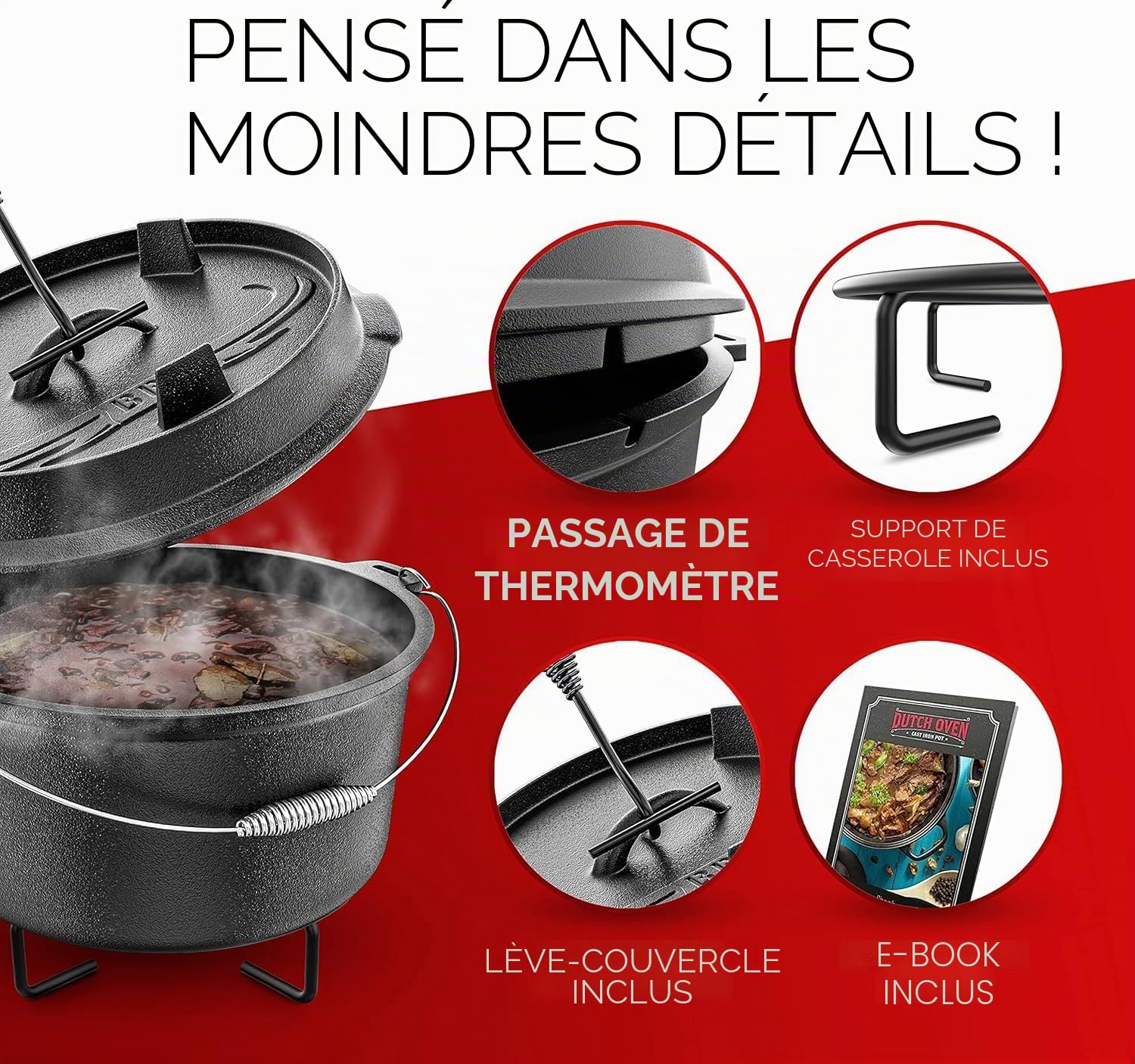 BBQ Dutch Oven - Set de cocotte hollandaise [9 l] – Compatible induction – Avec support – Marmite en fonte – Avec lève-couvercle et e-book (français non garanti)