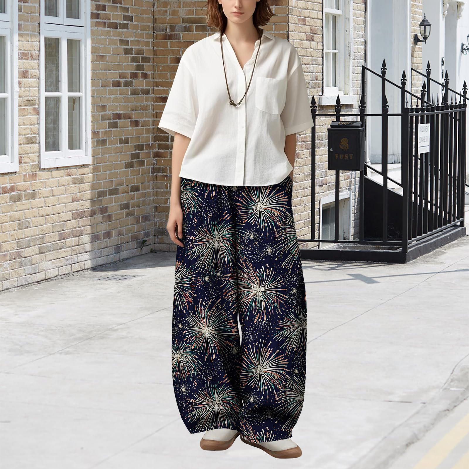 Zaswen Women's Oversize Loose Fit Breathable Pants Wide Leg Lounge Pants Fashion Casual Fireworks Print Trousers with Pockets
