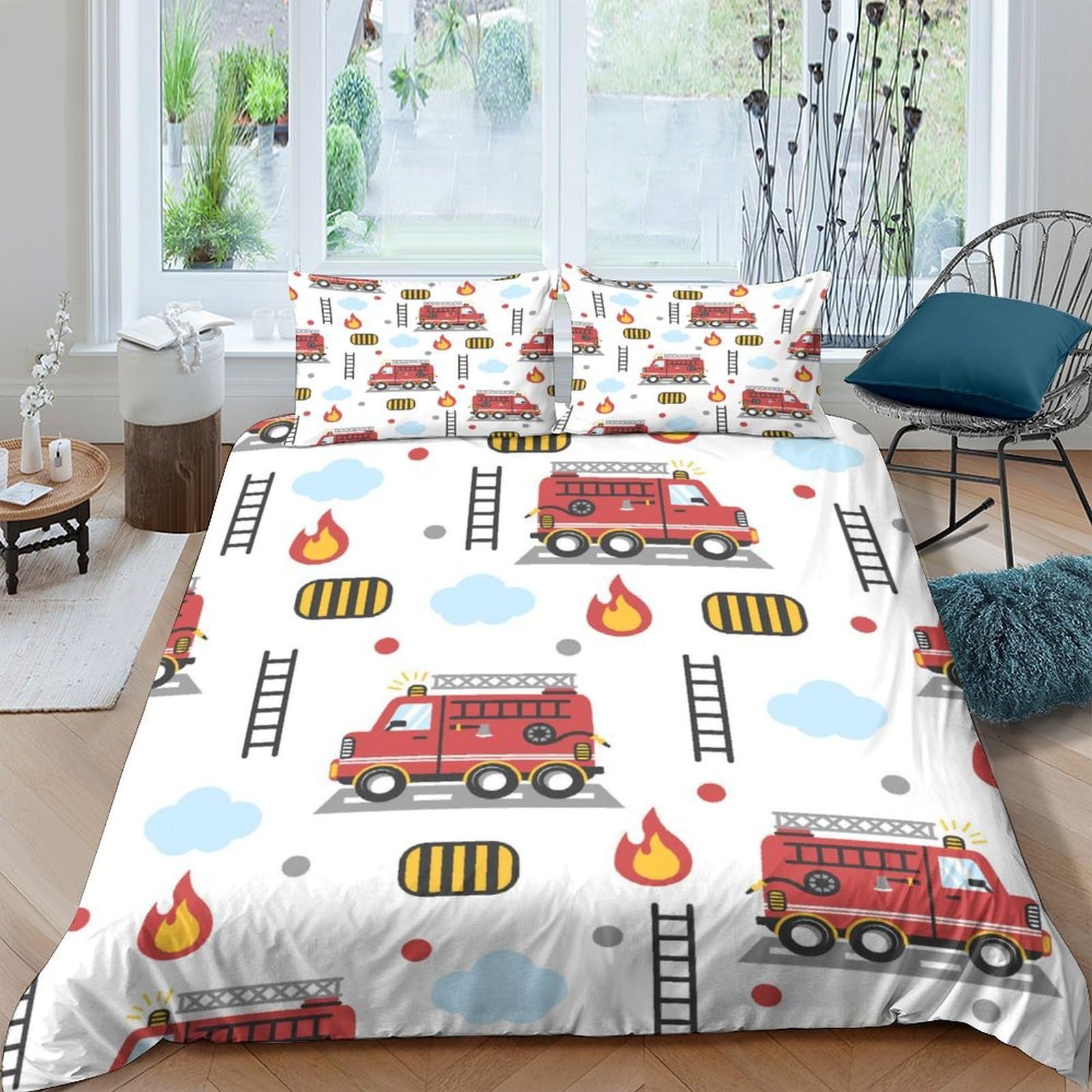 TUFRTGYHN 3D Printed Fire Truck Duvet Cover Set Microfiber Soft Breathable Ladder Flame Quilt Cover with 2 Pillowcases for Bedroom Decor Single（135x200cm）