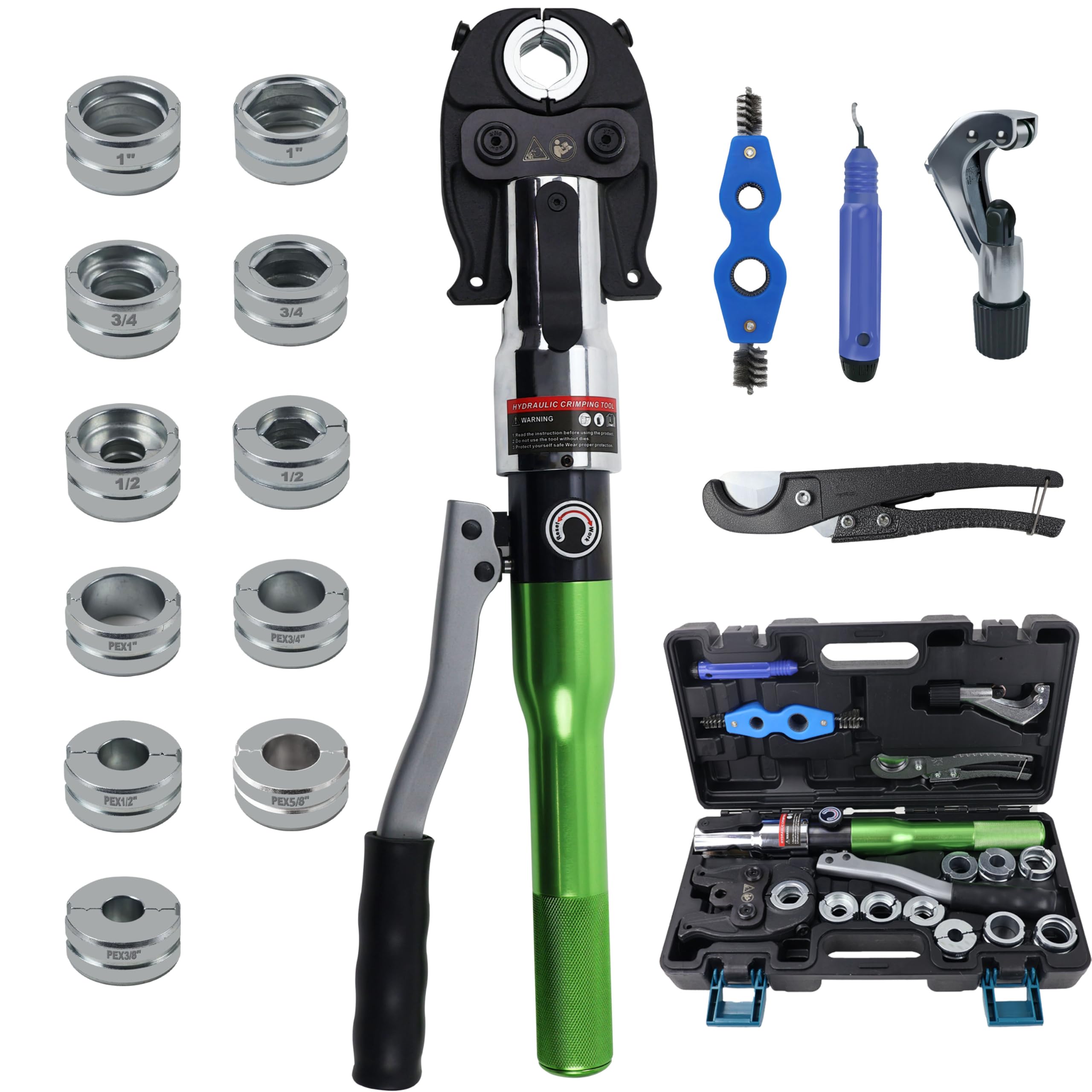 AMZCNC Pipe Press Tool with1/2,3/4,1" Dies for Copper Pipe and F877 Stainless PEX Press Sleeves,3/8",1/2",5/8",3/4",1" Dies for ASTM F1807 Pex Pipe