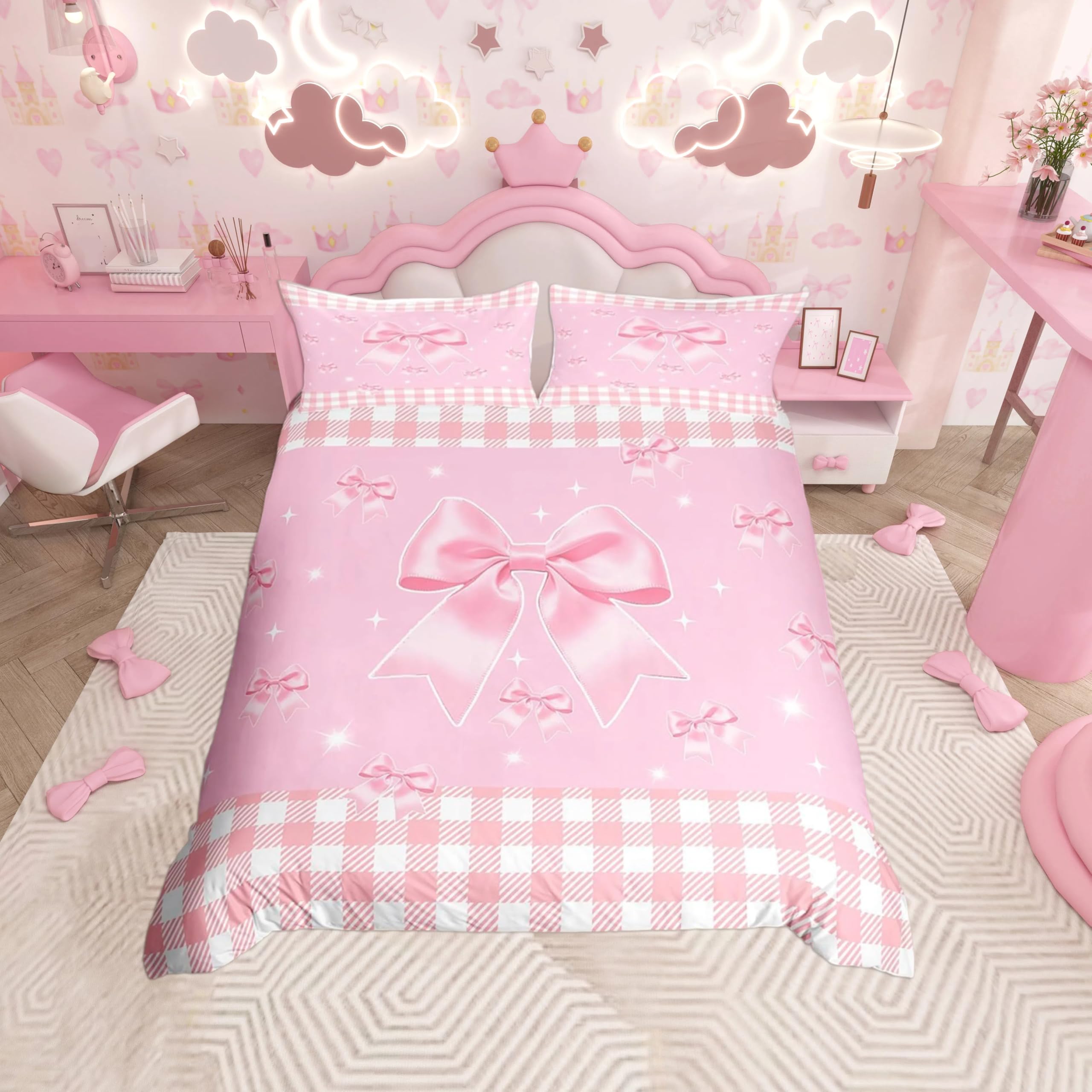 Homemissing Bowknot Duvet Cover Set Single Size For Kids Girls Teens Bedroom Bow Ribbon Bedding Set Cute Plaid Bow Pink Comforter Cover with 1 Pillowcase