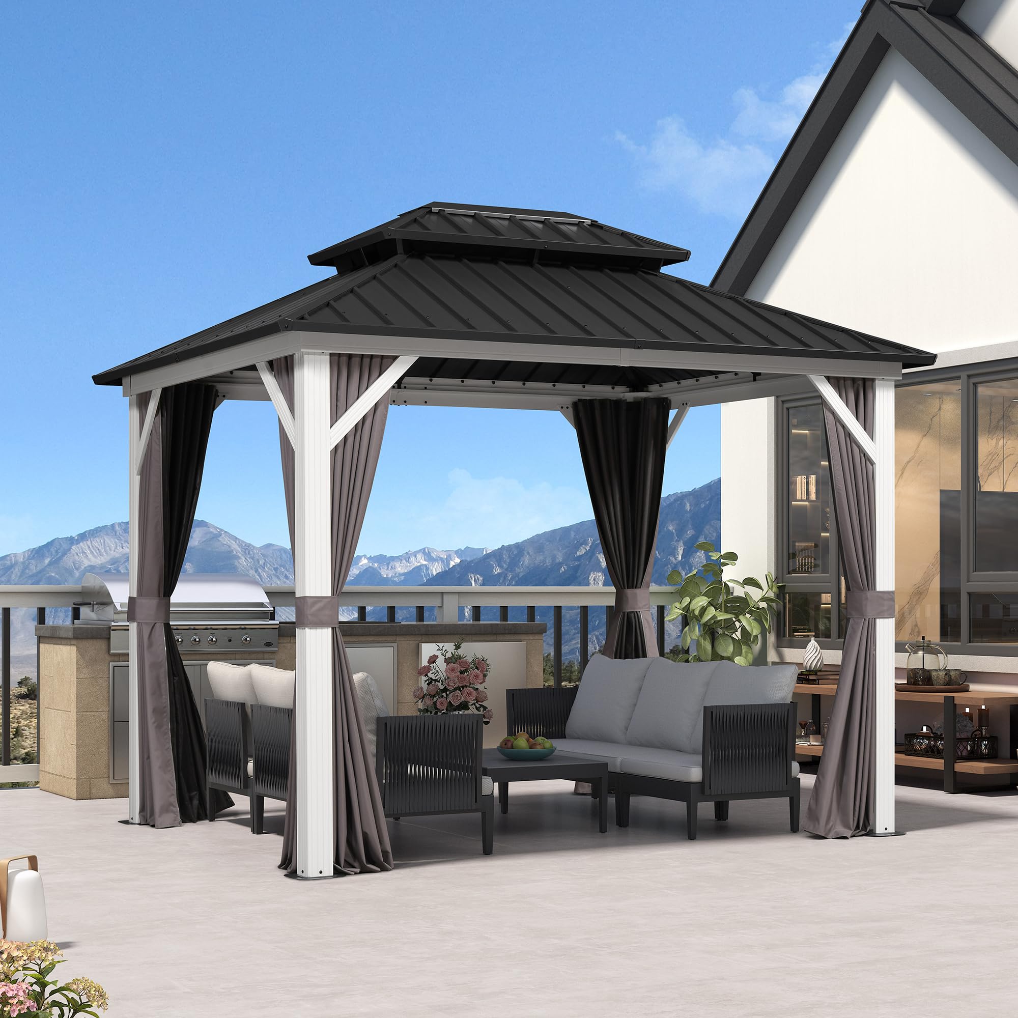 - PURPLE LEAF 8' X 10' Hardtop Gazebo Metal Double Roof White Aluminum Frame Outdoor Heavy Duty Gazebo with Curtain and Netting for Patio Garden and Backyard, Grey