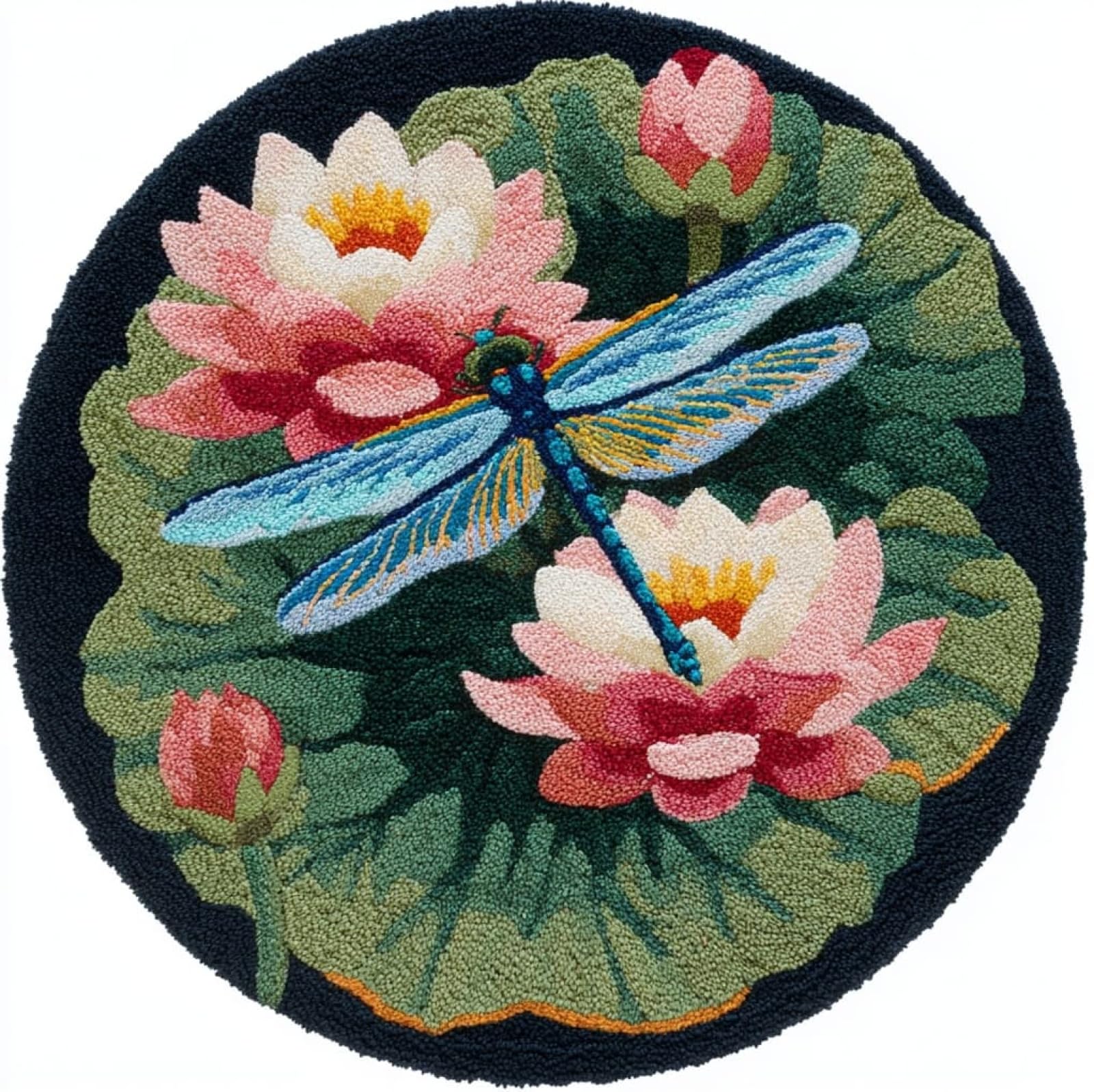 WallustrioaW DIY Tapestry Carpet Rug Making for Adults,Dragonfly and Lotus,Crochet Kit for Beginners,Carpet Making Set with Printed Canvas,Gift,50x50cm