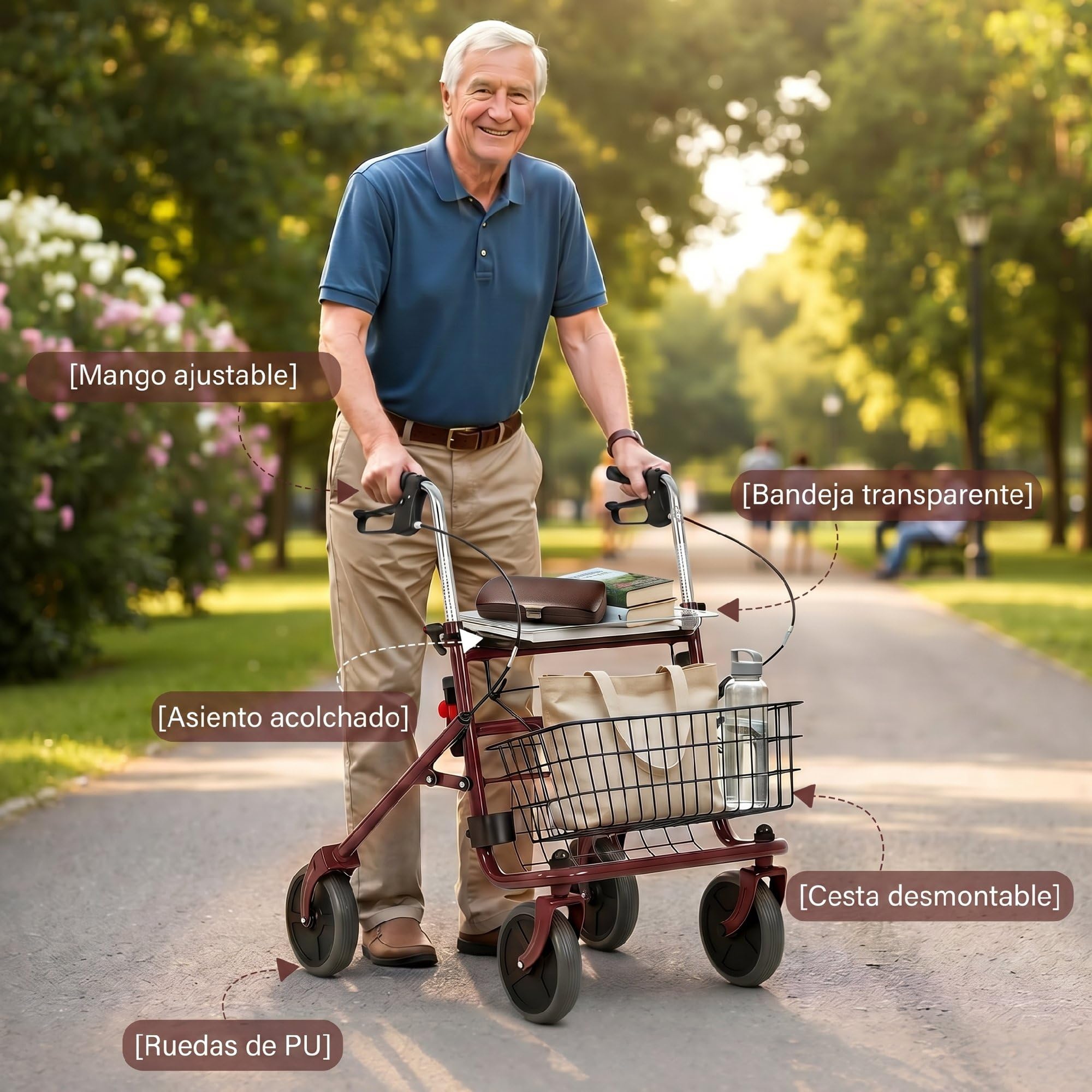 HOMCOM Andador para Ancianos Plegable con Asiento y 4 Ruedas Rojo Vino | Andadores Adultos para Personas Mayores, Altura Ajustable, Frenos de Maneta, Cesta, Bandeja, Porta Bastón