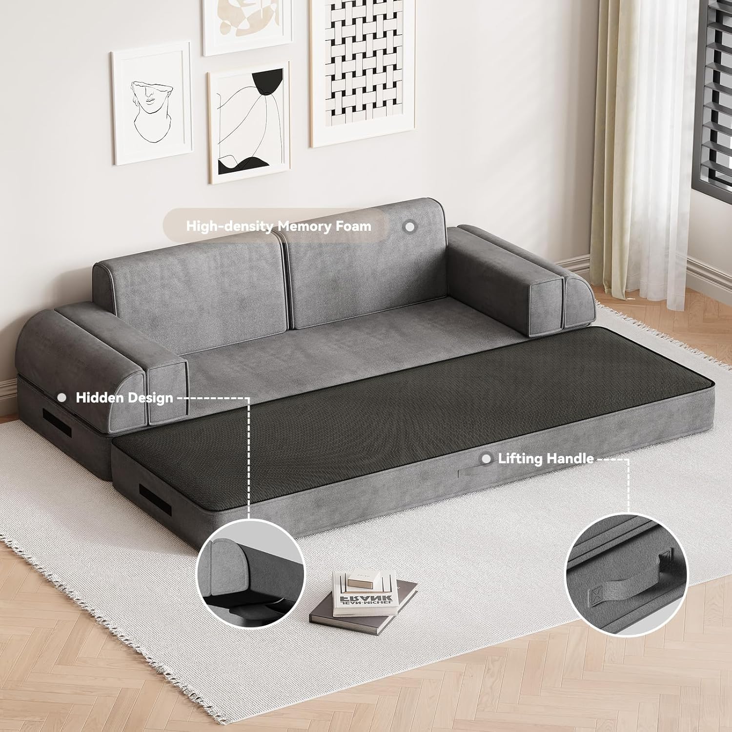 79" Convertible Sleeper Sofa Bed, Loveseat Boneless Couch, Dark Grey | Folding Floor Mattress with Removable Pillows Armrests Side Pockets, Fold Out Lounge Against The Wall for Living Room Bedroom