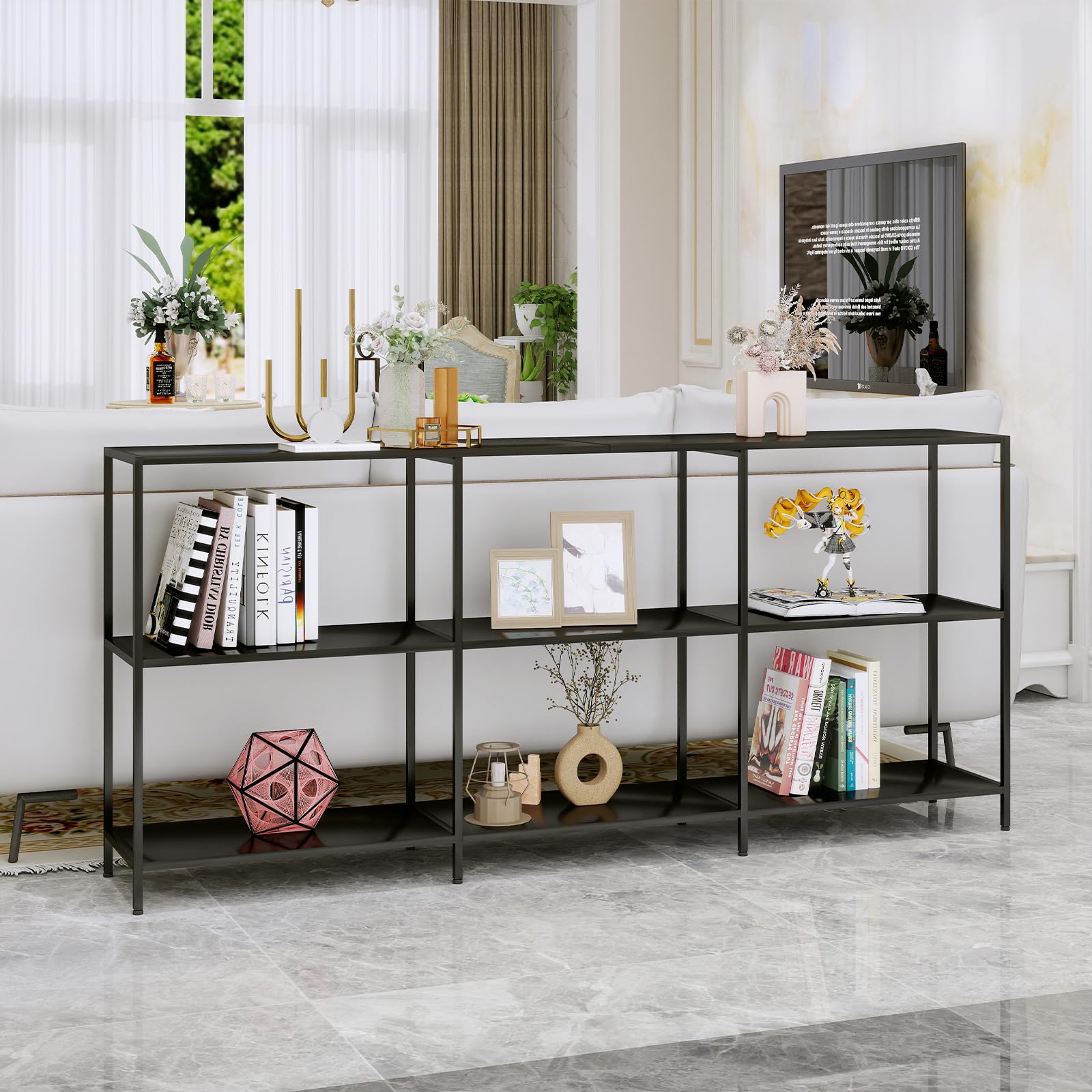 HDANI Konsolentisch Schmaler,3 Ablagen,Metall Flurtisch,Schwarz,180x30x80cm
