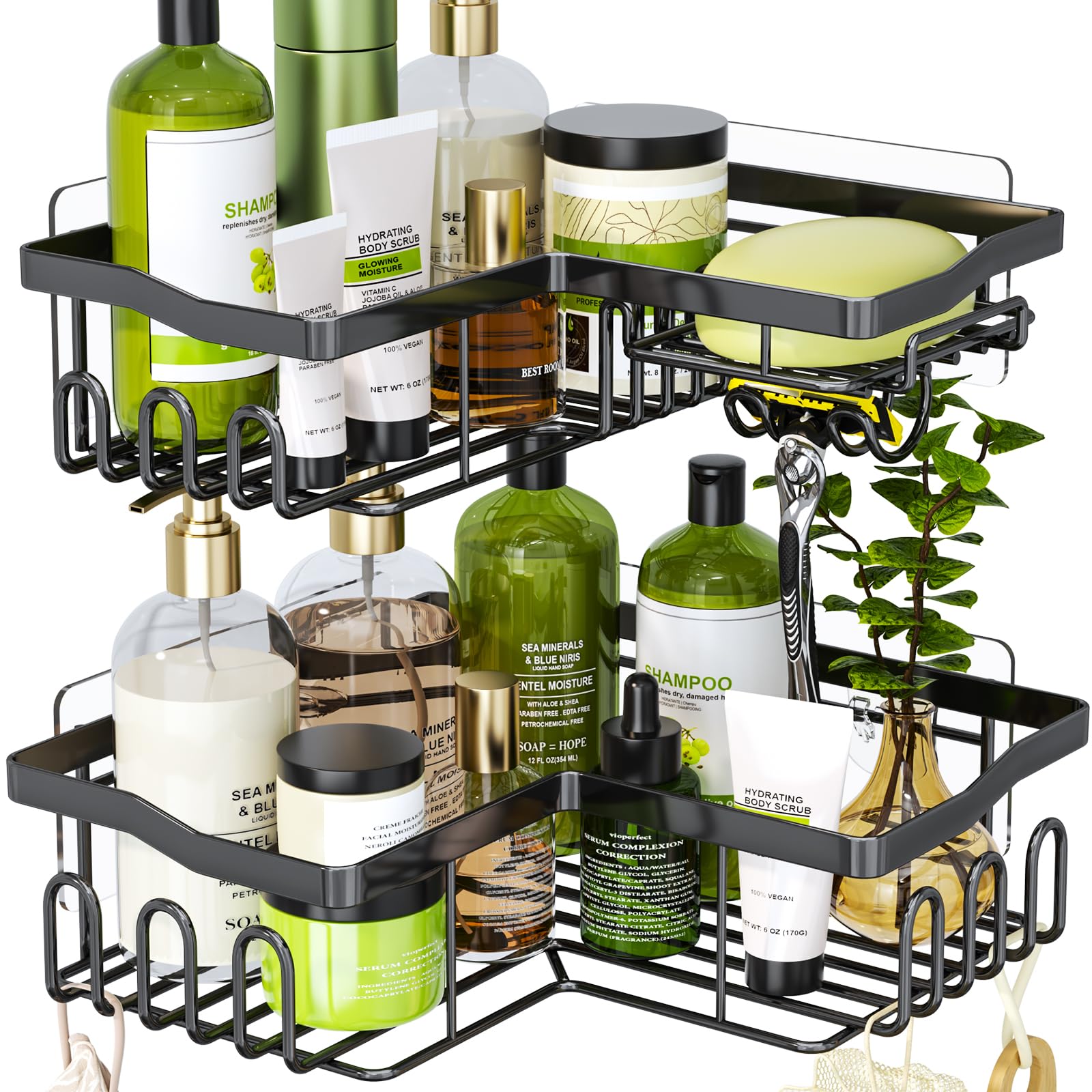 Hapirm Corner-Black Shower Caddy Bathroom Corner Shelves With Soap Dish Holder, Bathroom Storage With 11 Hooks For Hanging Razor, Shower Ball, Towel, Black