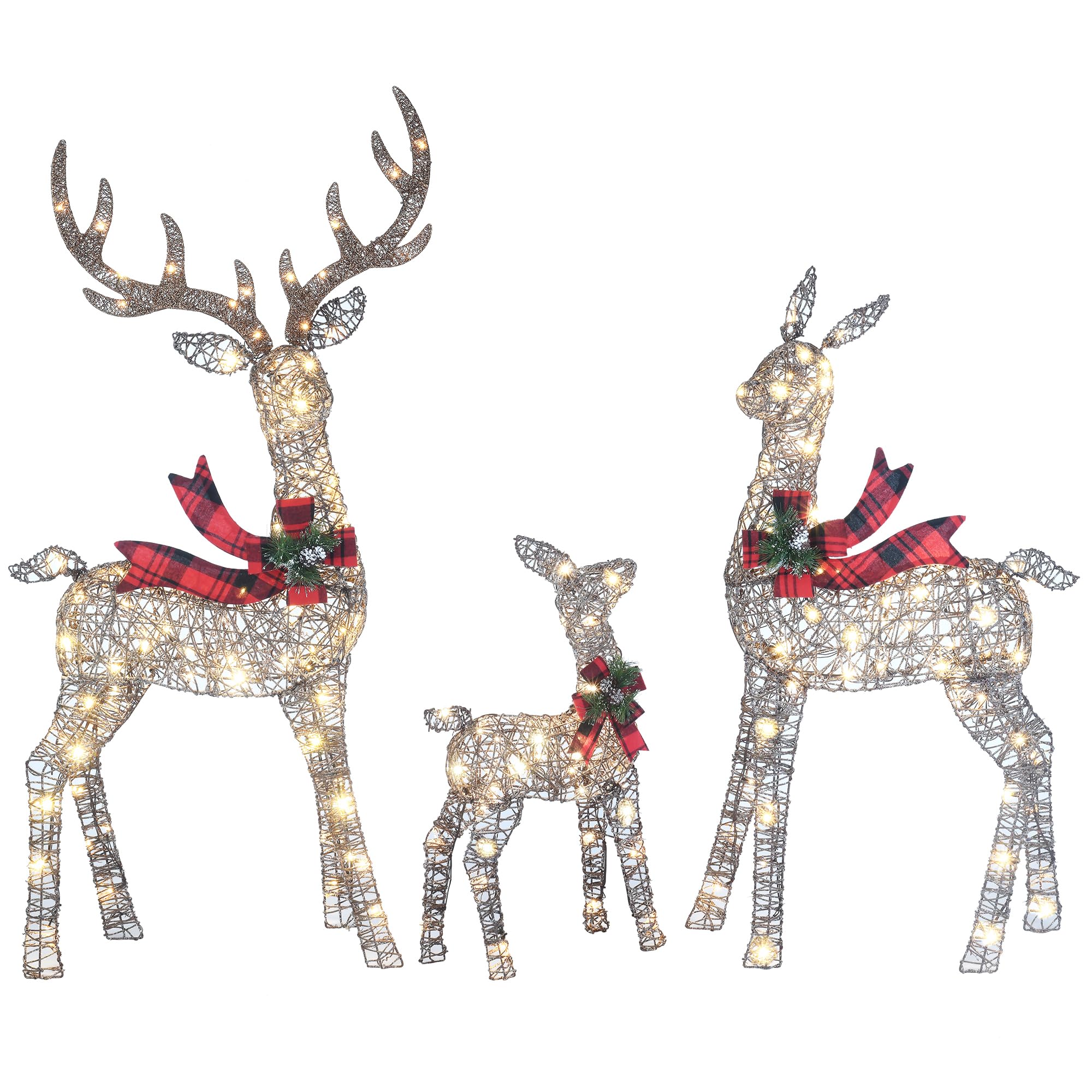 Decoraciones de ciervo de Navidad tejidas en 3D de 58 pulgadas, 3 piezas para exteriores, juego de renos con 210 LED blancos cálidos, gran exhibición de patio para jardín, escaparate