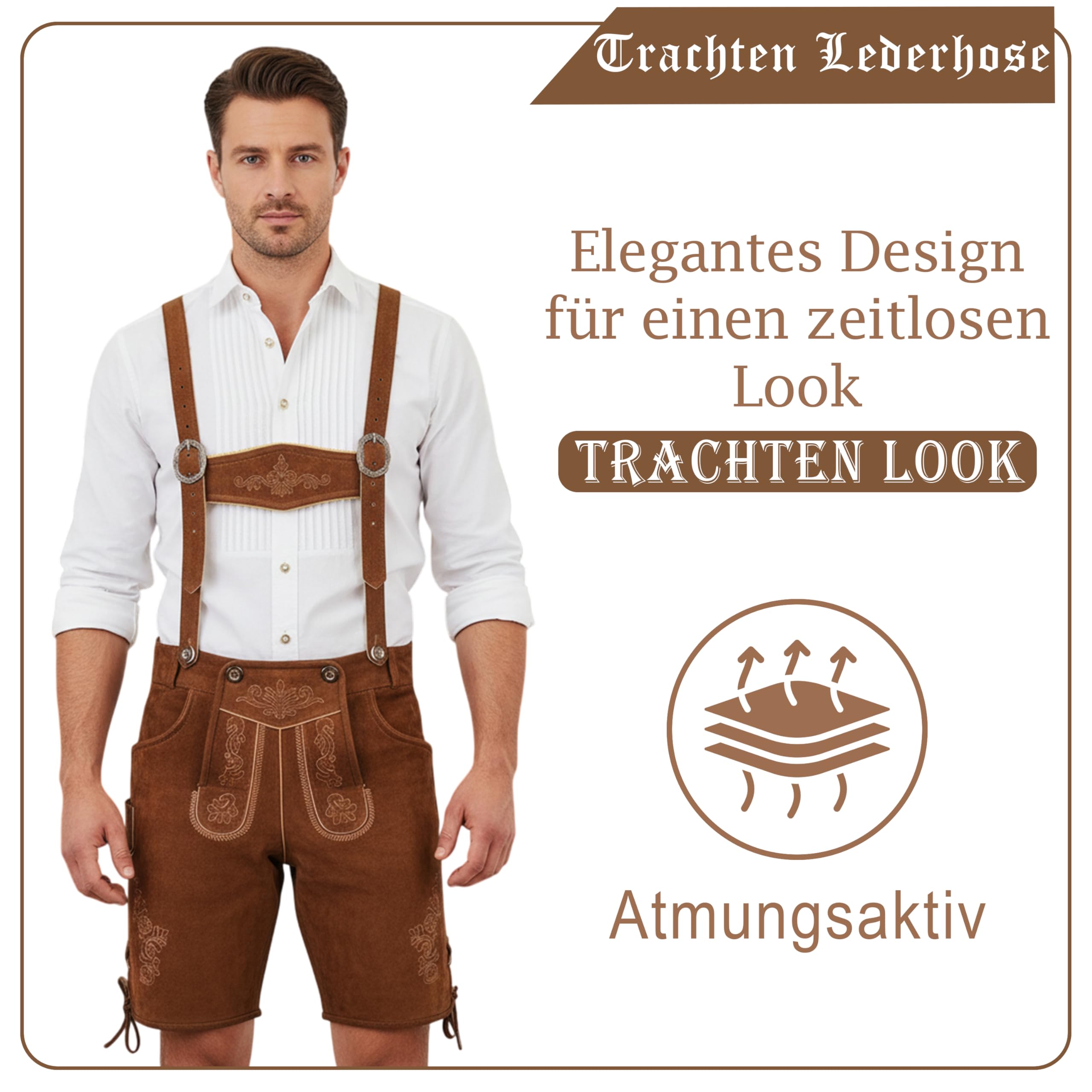 German Wear Trachtenlederhose Herren Premium Nappaleder Echtleder – Verbesserte Lederhose mit Hosenträgern, Traditionell Bayerische Lederhose für Volksfest, Trachtenfest & Freizeit