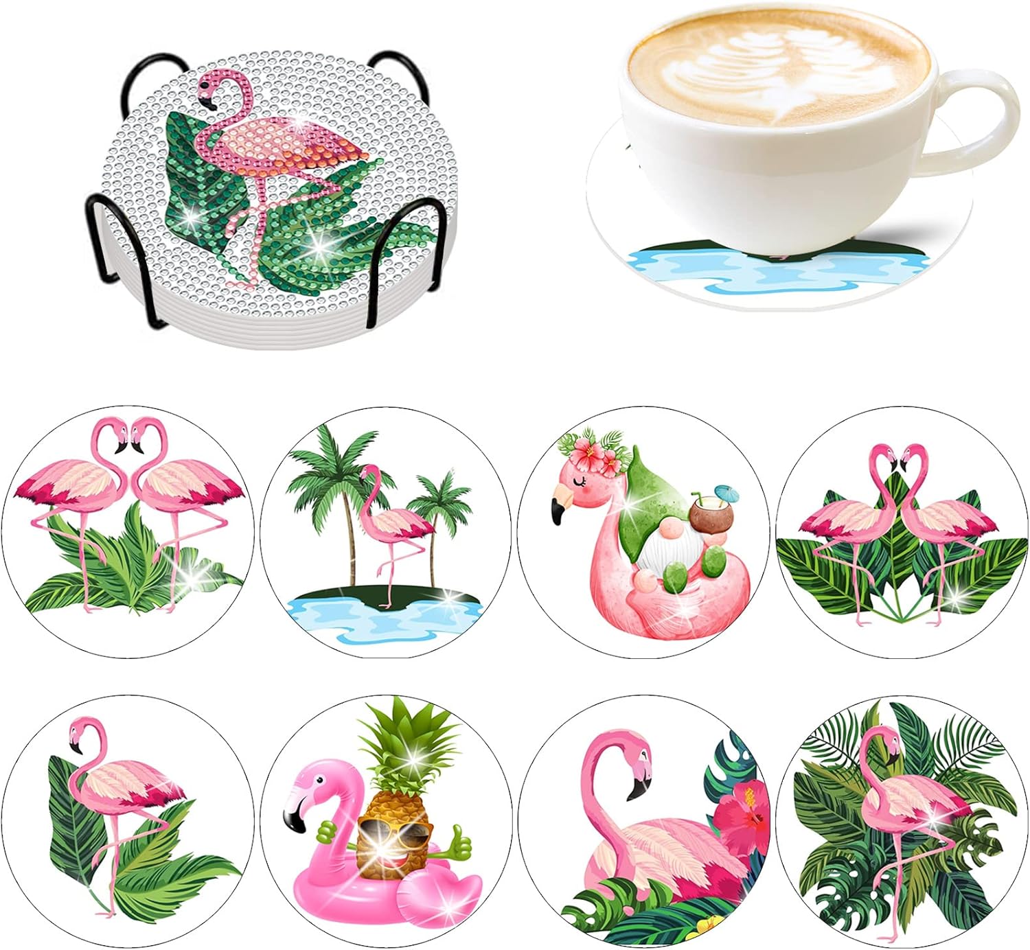 8 Pcs Summer Flamingo Diamond Painting Coasters with Holder