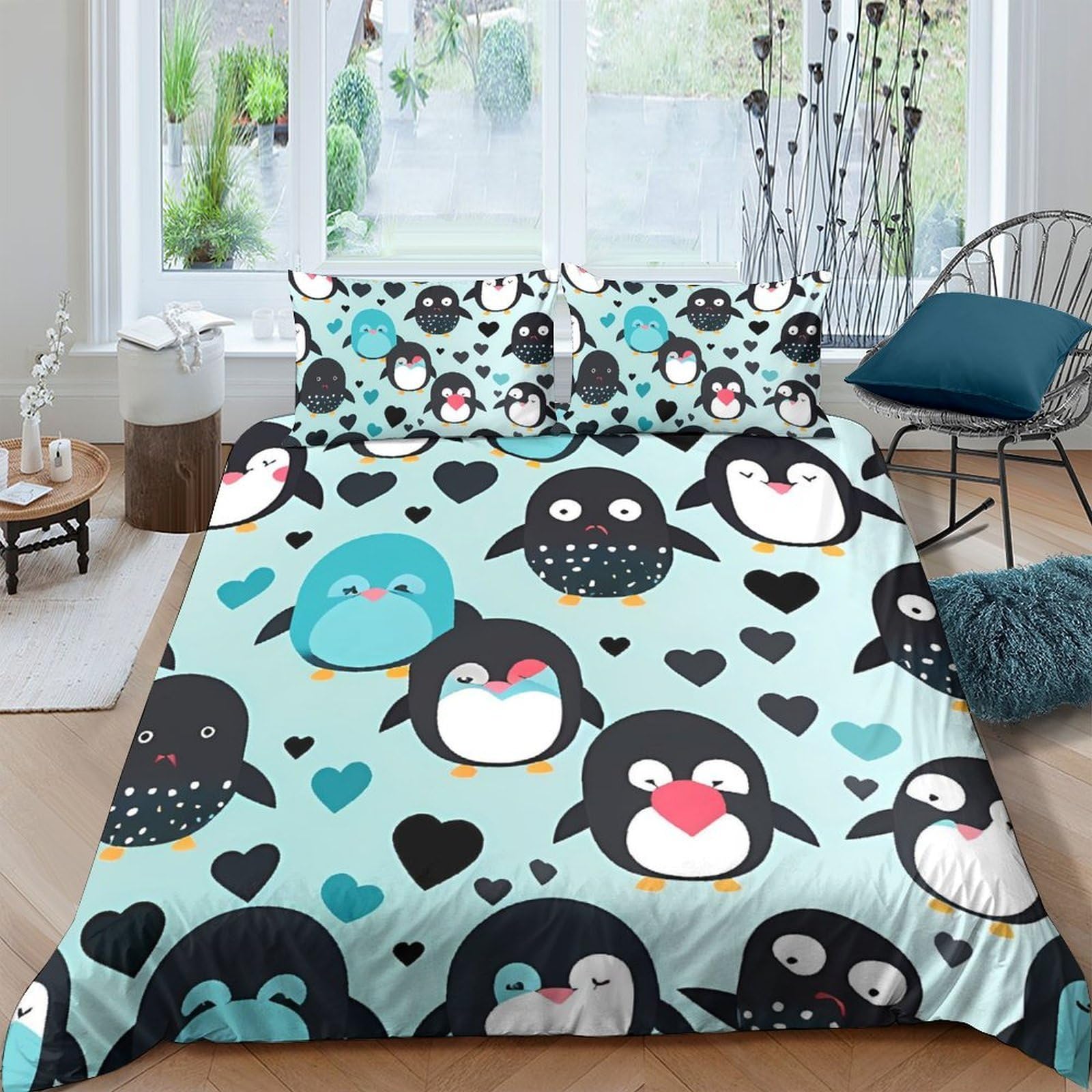 Ctjqhvkz Style-7 3D Printed Cartoon Penguin Fitted Sheet Microfiber Soft Blue Heart Bed Cover For Bedroom Guest Room Decor Machine Washable Single（135X200cm）