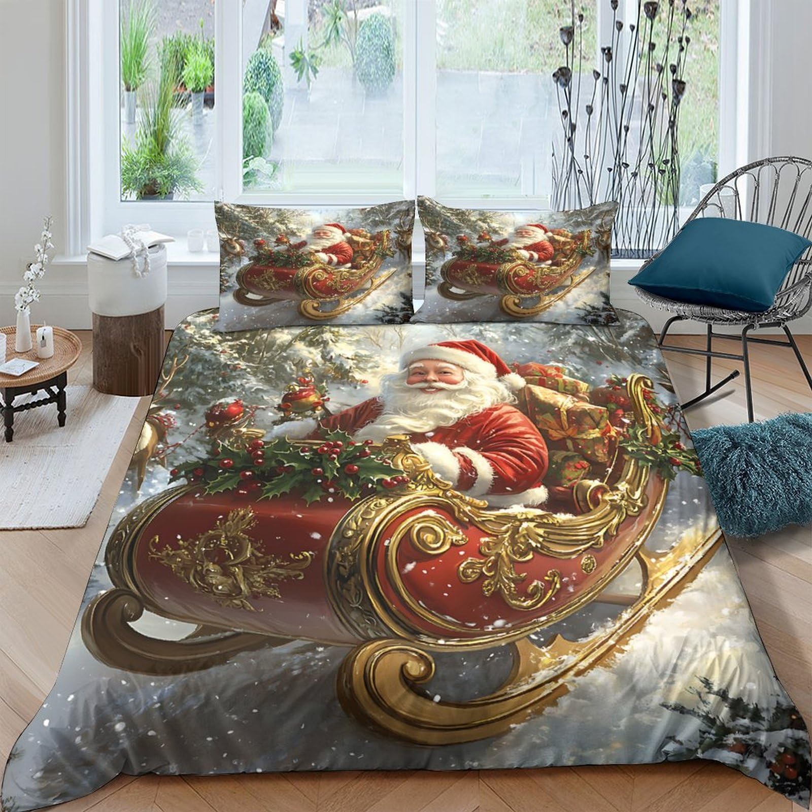 Ctjqhvkz Style-2 3D Printed Christmas Santa Sleigh Fitted Sheet Microfiber Soft Breathable Winter Holiday Bed Cover For Bedroom Guestroom Decor Single（135X200cm）