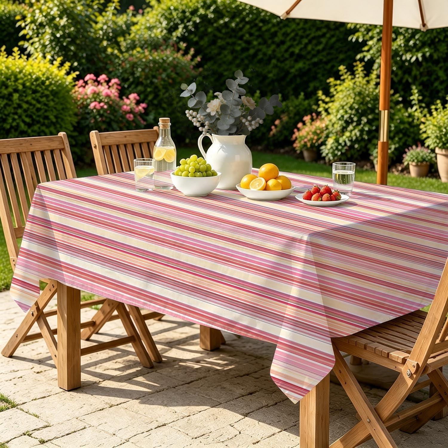 Tischdecke abwaschbar Polyester Bunte dünne Streifen 260 x 140 cm | Wasserabweisend, bedruckter pastell Streifenmuster Polyesterstoff, platzsparend faltbar, rechteckig, für Küche & Outdoor