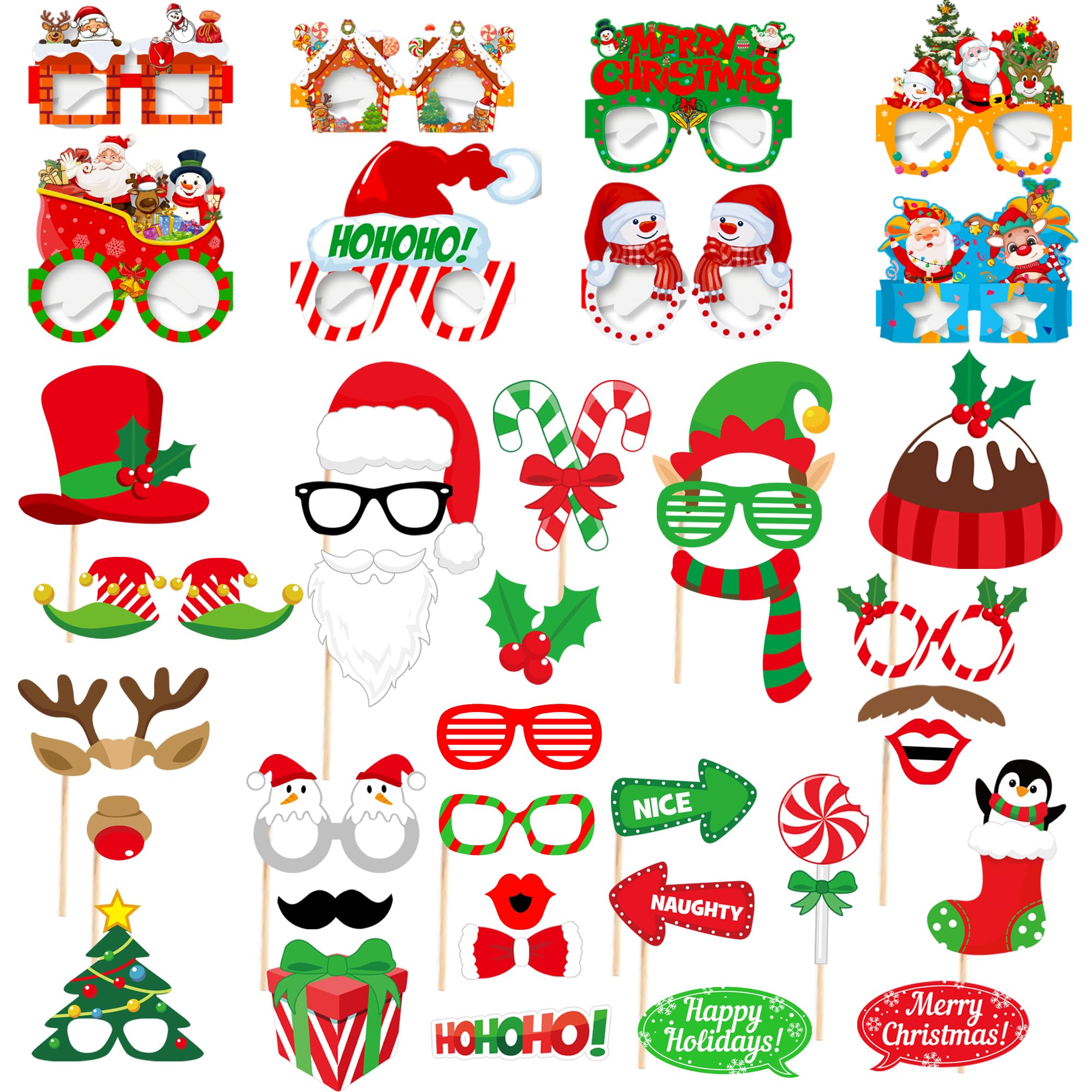 Afyhh Christmas Photo Booth Props Decorations - 40Pcs Selfie Props Station Eyeglasses Backdrop For Photography Paper Glasses Party Favors For Kids Adults Party Supplies